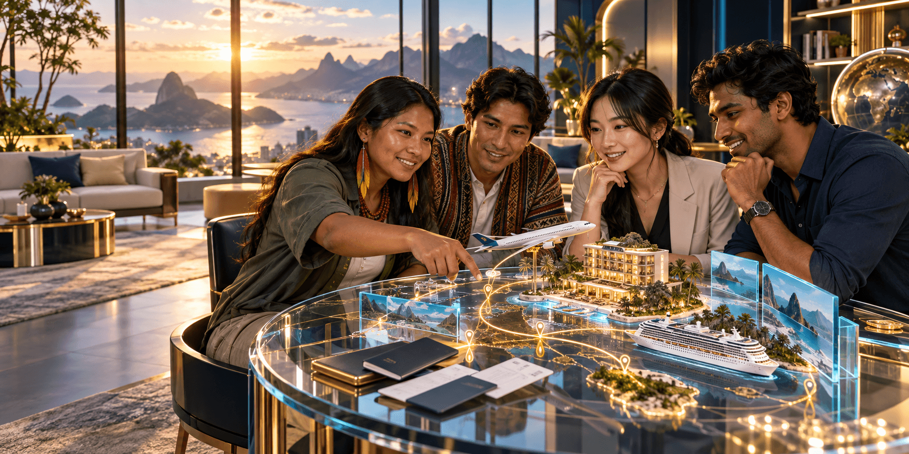 Illustration of four adults exploring miniature travel models together around a luminous glass table in a travel discovery studio.