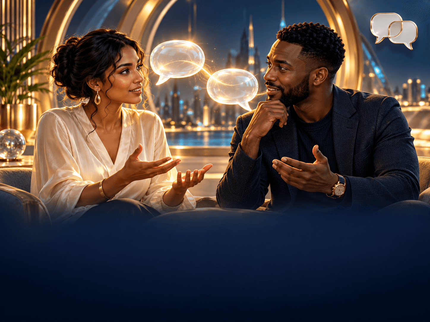 Conceptual illustration of two adults exchanging ideas beneath luminous speech bubbles.