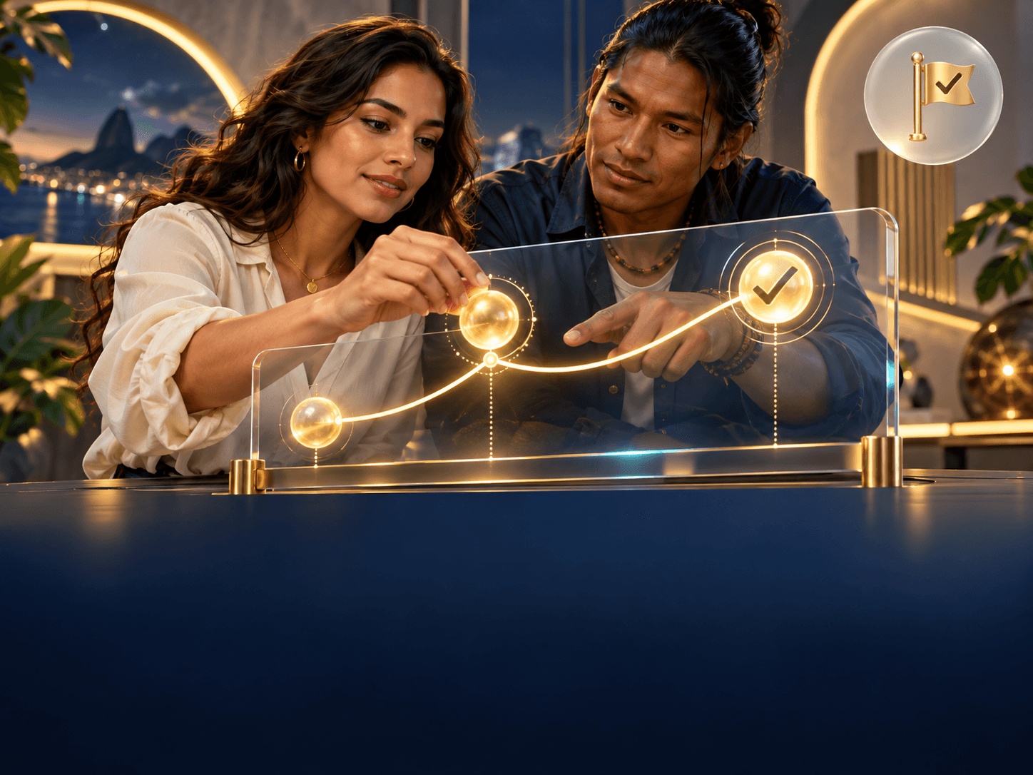 Conceptual illustration of two adults arranging glowing milestones on a glass planning board.