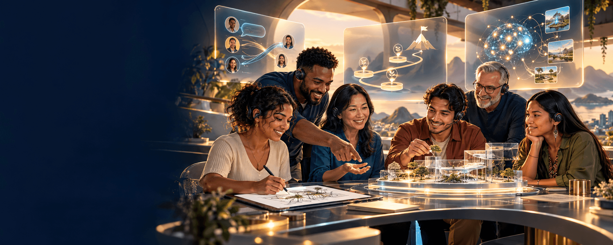 Conceptual illustration of adult learners collaborating around a luminous model and digital displays.