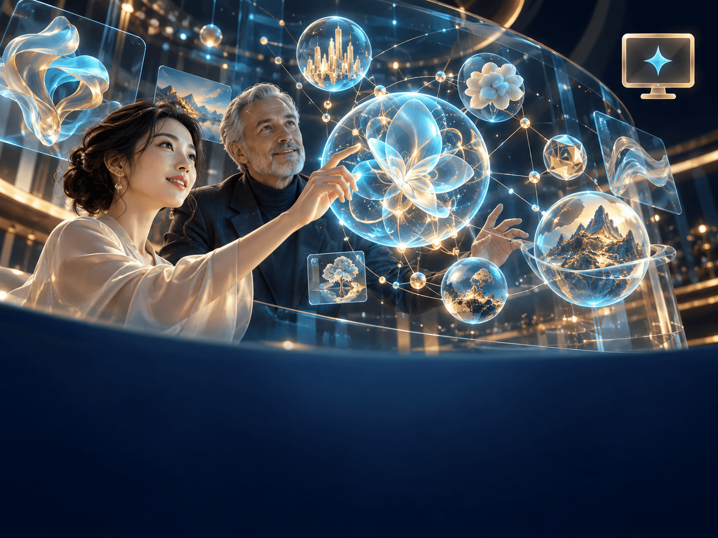 Conceptual illustration of two adults exploring a luminous display of connected ideas.