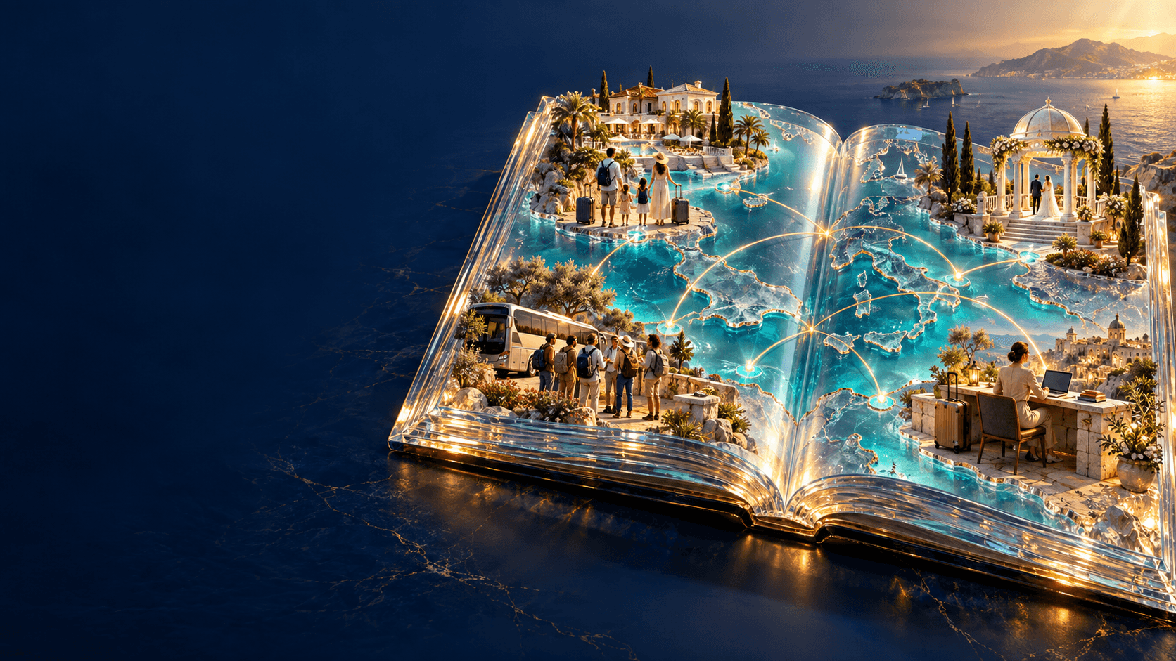 An illustrated crystal atlas opening into four luminous possibilities for family travel, celebration, group service and professional direction.