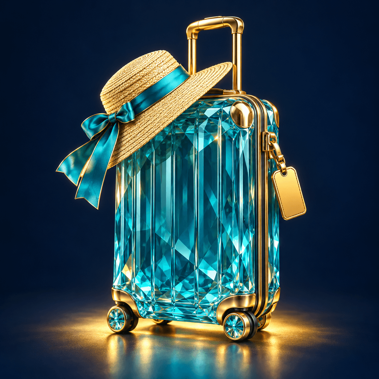 An illustrated crystalline suitcase ready for an unexpected travel story.