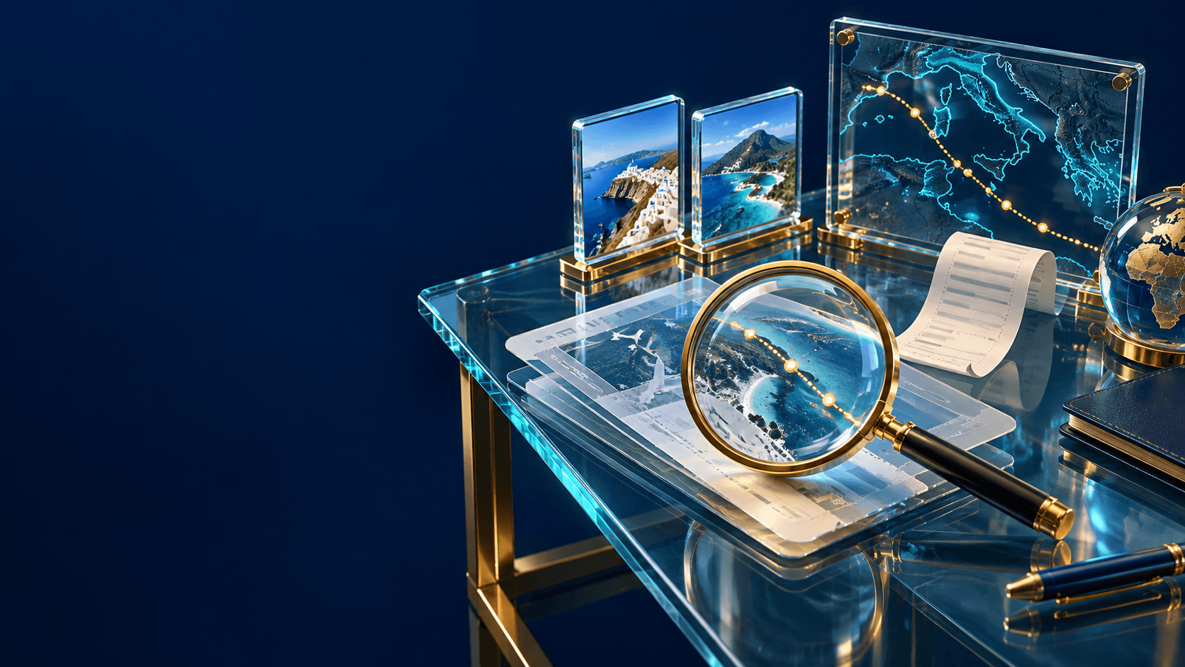 Illustration of a glass evidence desk with a magnifying glass, destination comparison panels, a receipt and a glowing route map.