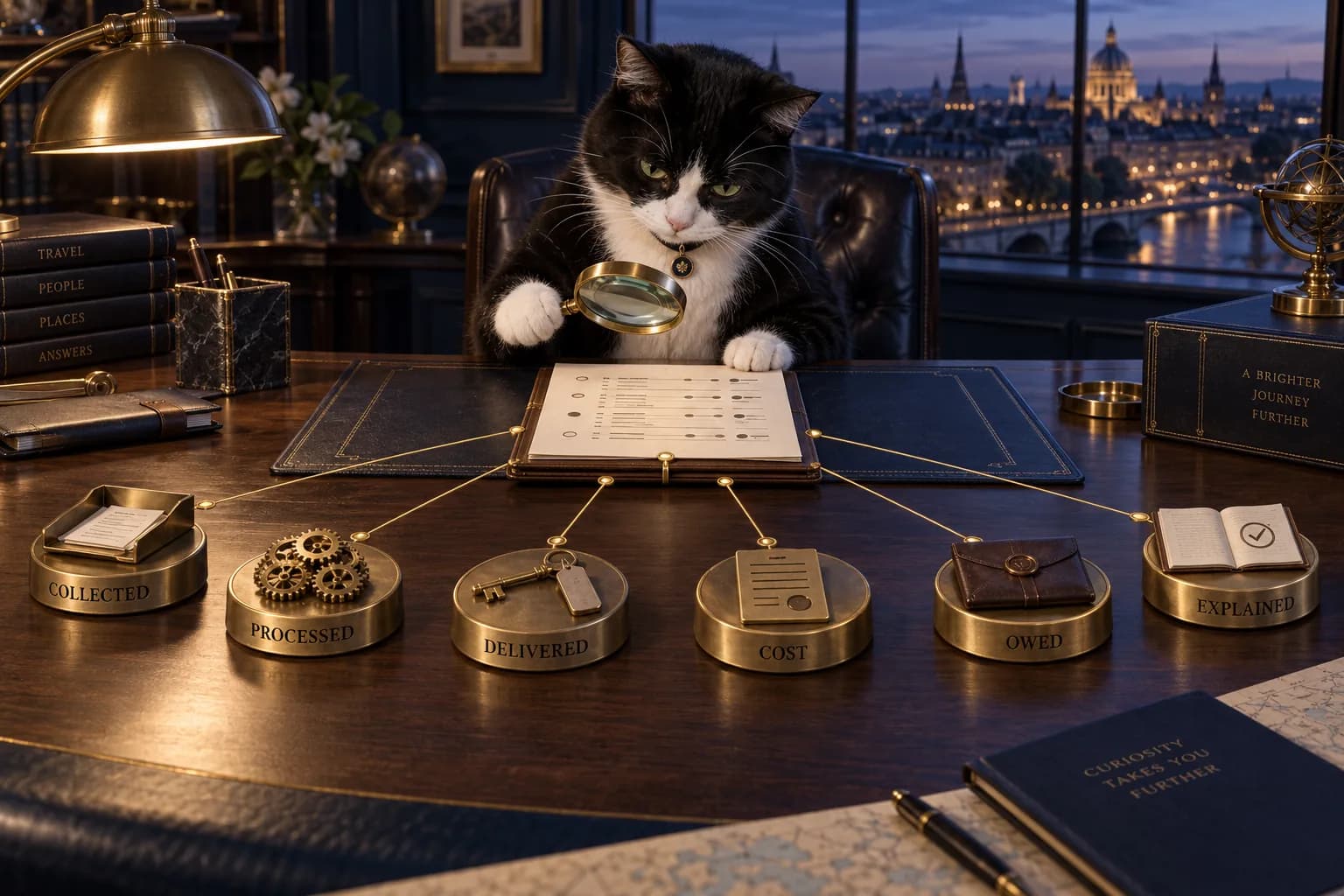 Dame Kitty Holmes traces one travel payment through six brass evidence markers for money collected, payment processed, value delivered, costs incurred, obligations owed, and records explained.