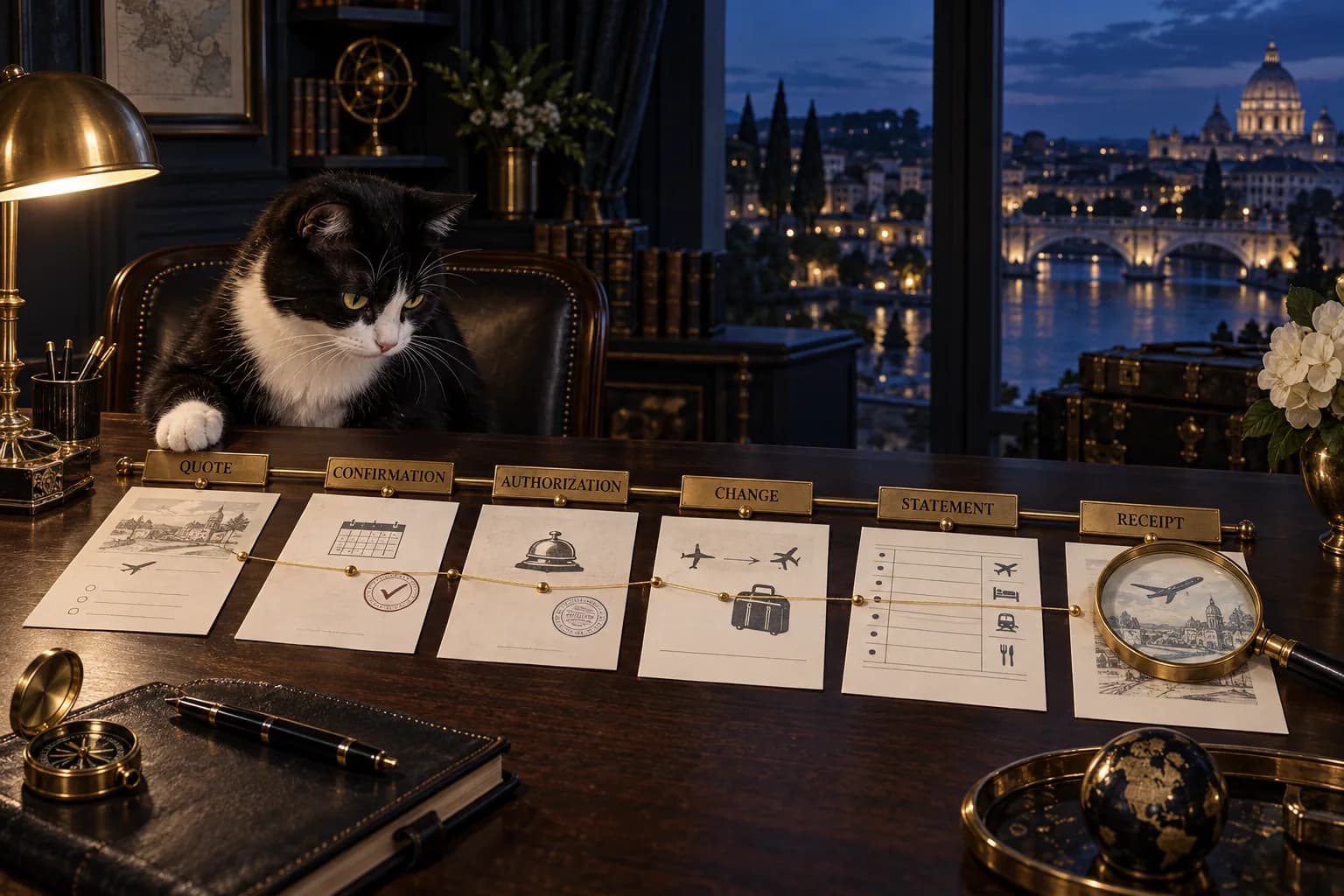 Dame Kitty Holmes compares a quote, confirmation, authorization, change record, statement, and final receipt connected along a brass timeline.