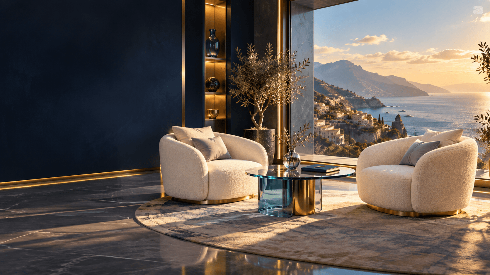 Illustration of two white armchairs beside a glass table in a navy-and-gold room overlooking a sunlit coast.
