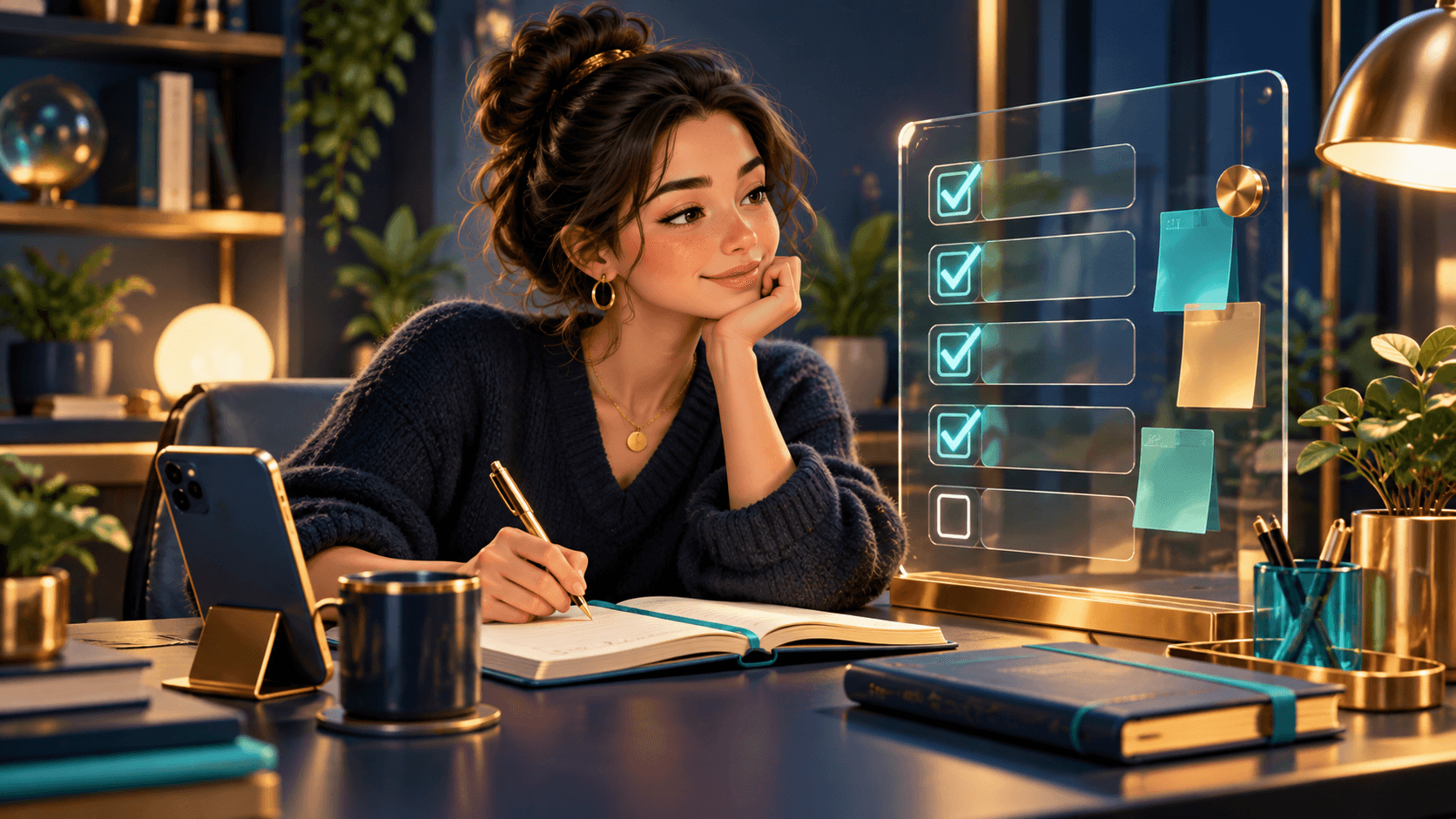 Illustration of an adult organizing a business workday at a desk beside a five-row planning board