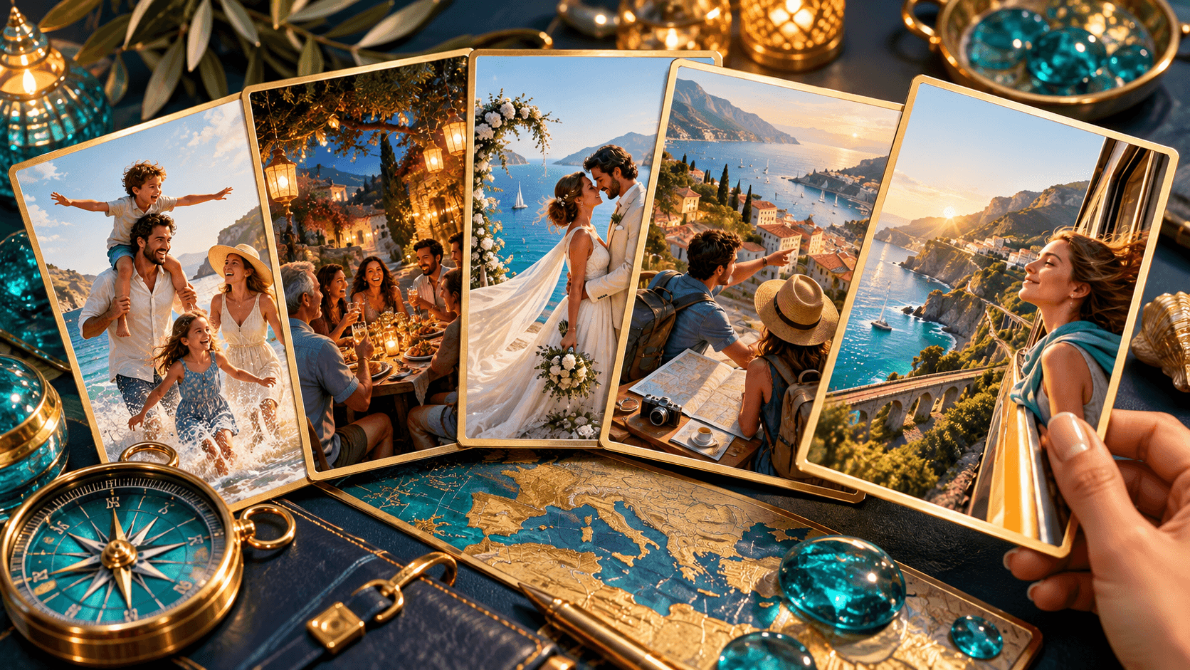 Illustrated travel postcards suggesting many human possibilities