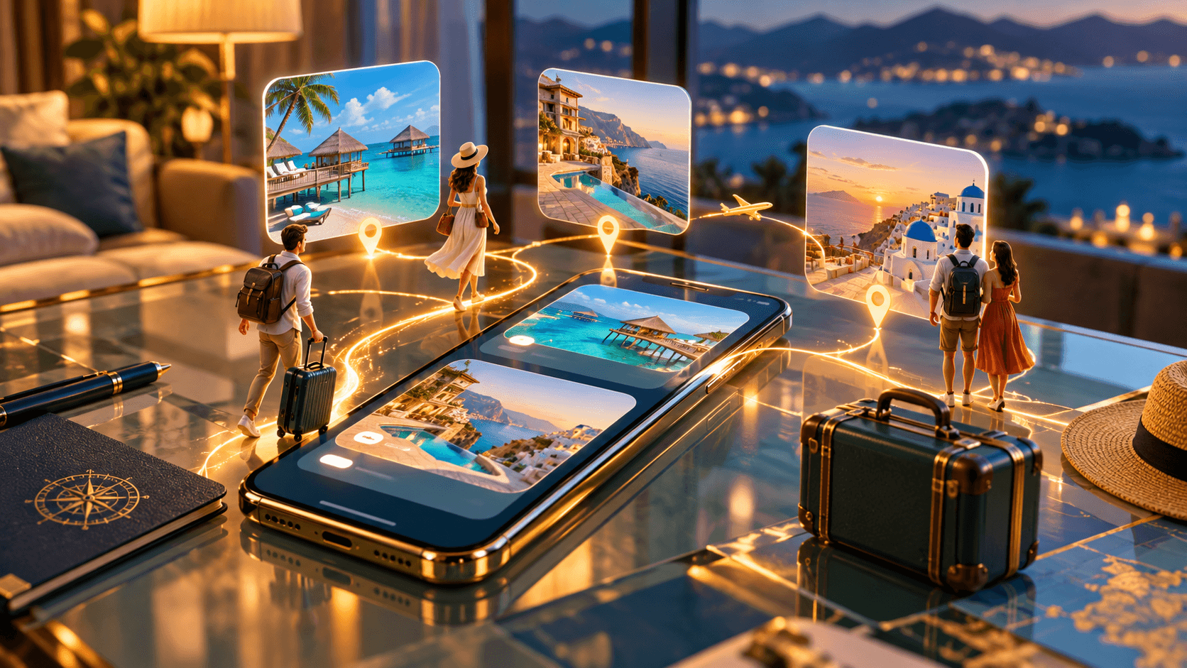Illustration of a traveler using a phone beside travel scenes; not an actual Vortex interface