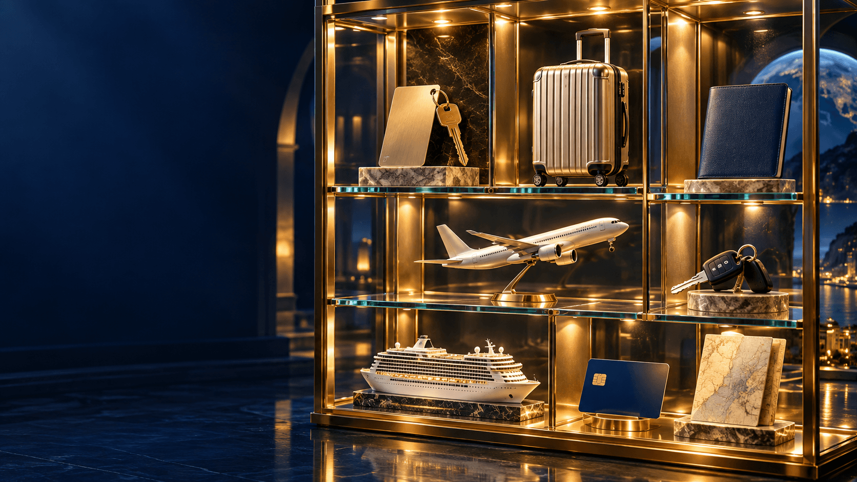 Illustration of a softly lit glass travel cabinet displaying luggage, keys, an airplane, a cruise ship, travel documents, and payment items.