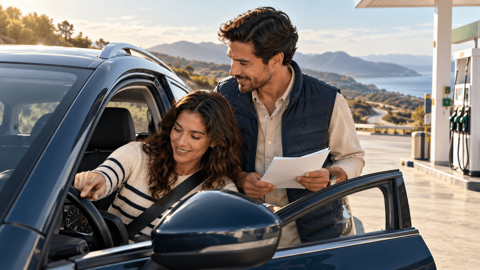 A Hispanic couple beside a rental car at a clean fuel station in soft morning light, woman checking the dashboard fuel gauge while man holds the rental agreement, open road and hills behind; two people, no readable documents or pump numbers.