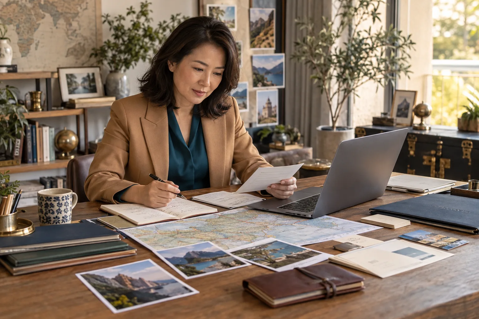 A travel-business professional reviews separate journey records beside a map and laptop while coordinating the responsibilities behind a traveler’s trip.