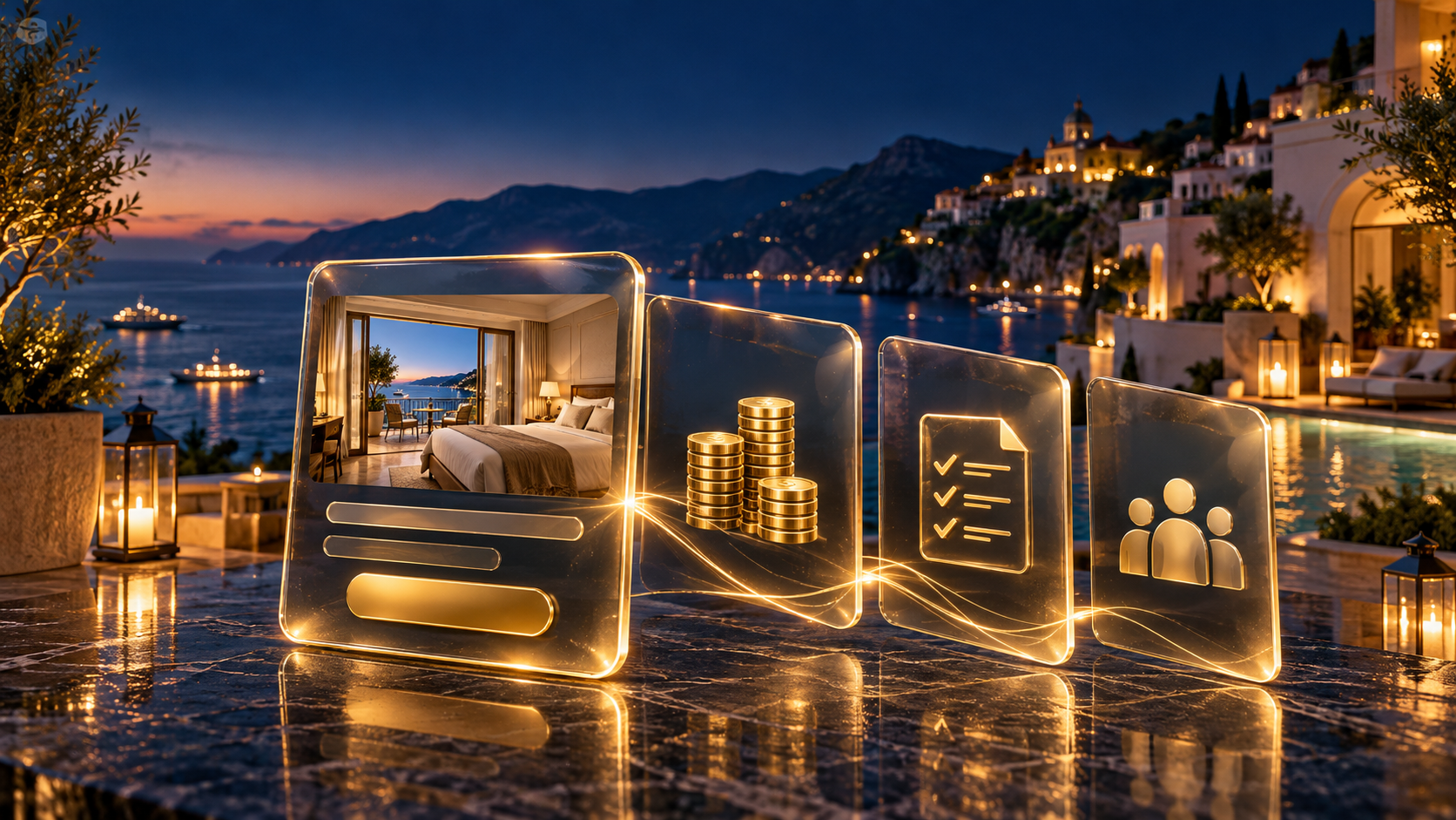 Conceptual illustration of four glass panels representing a hotel offer, pricing, conditions, and people against a coastal hotel at twilight.