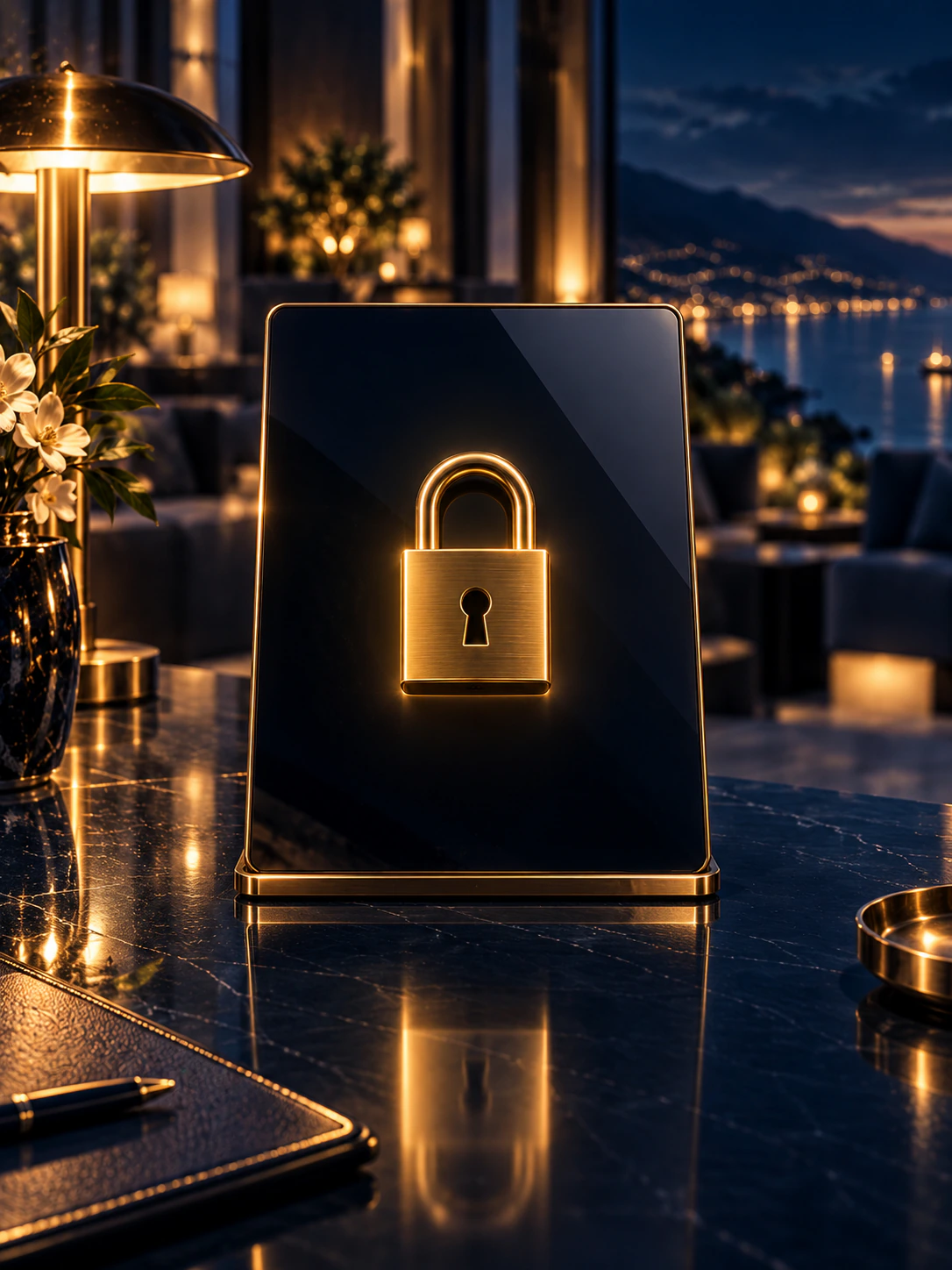 A brass padlock displayed on a dark sign-in screen.
