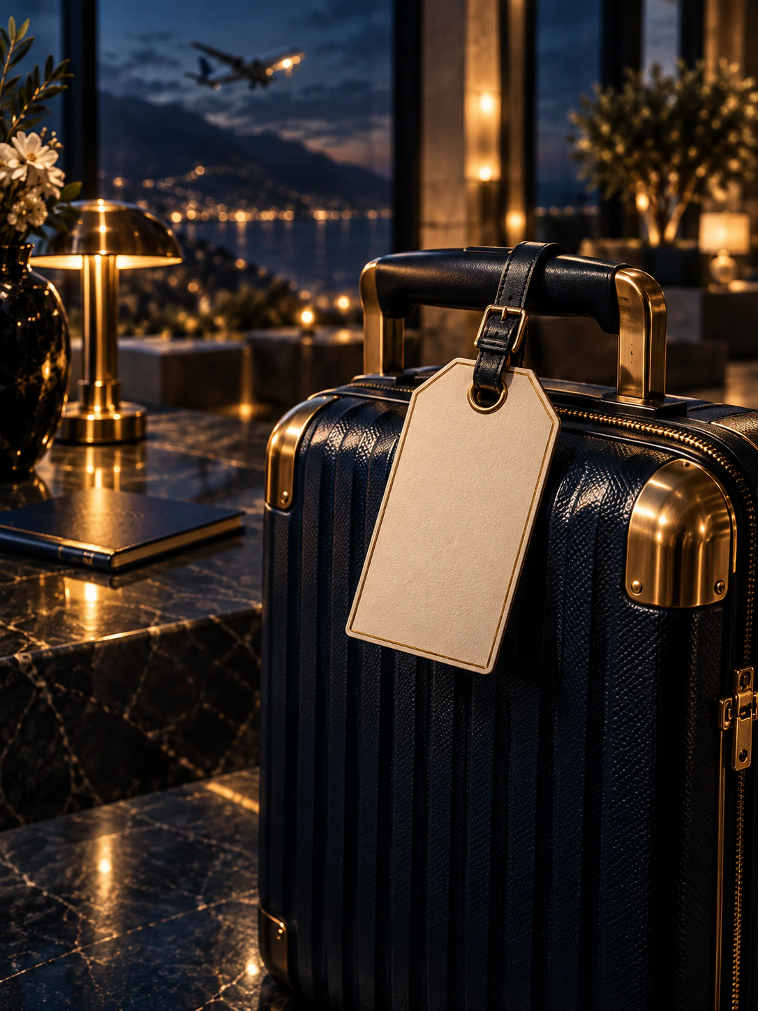A navy suitcase with a luggage tag marked $49.