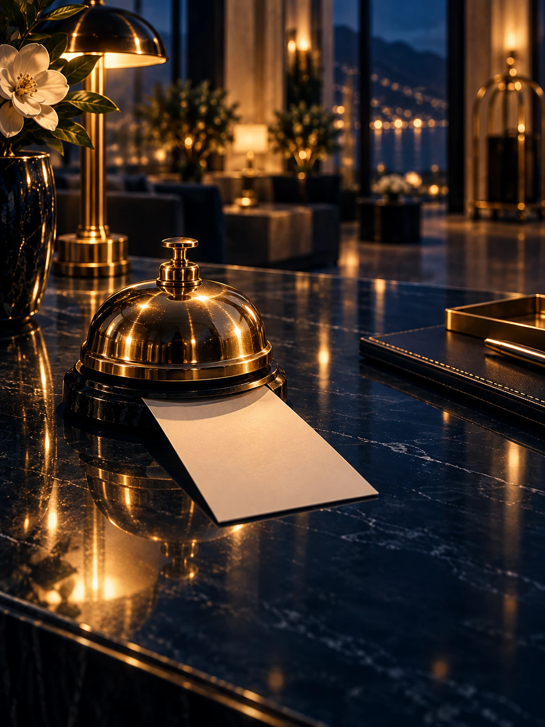 A hotel service bell presenting a charge slip marked Resort fee.