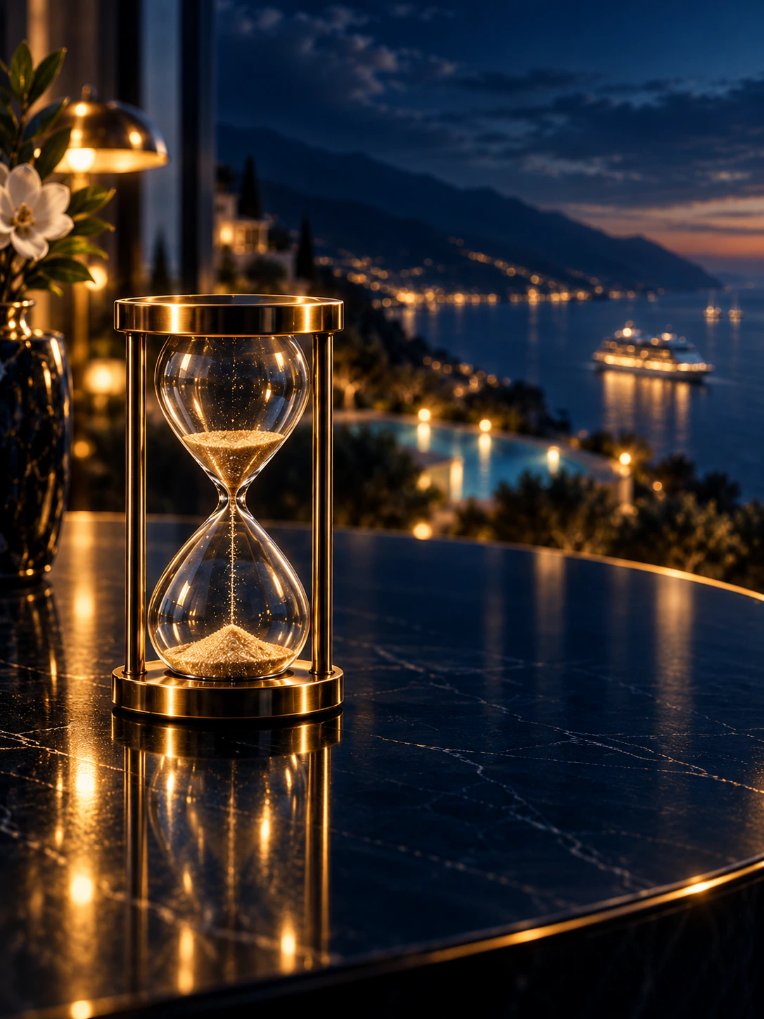 A brass hourglass on a travel counter overlooking the coast.