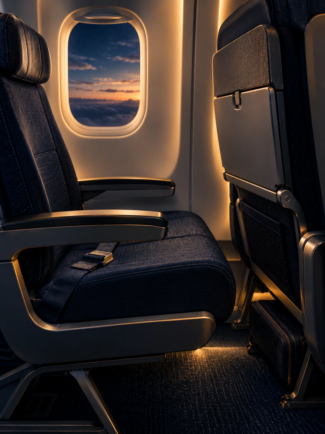 An airline economy seat with a folded tray table beside a sunset window.