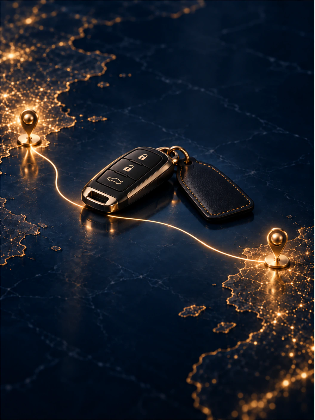 A car key fob on a dark map between two illuminated location markers.