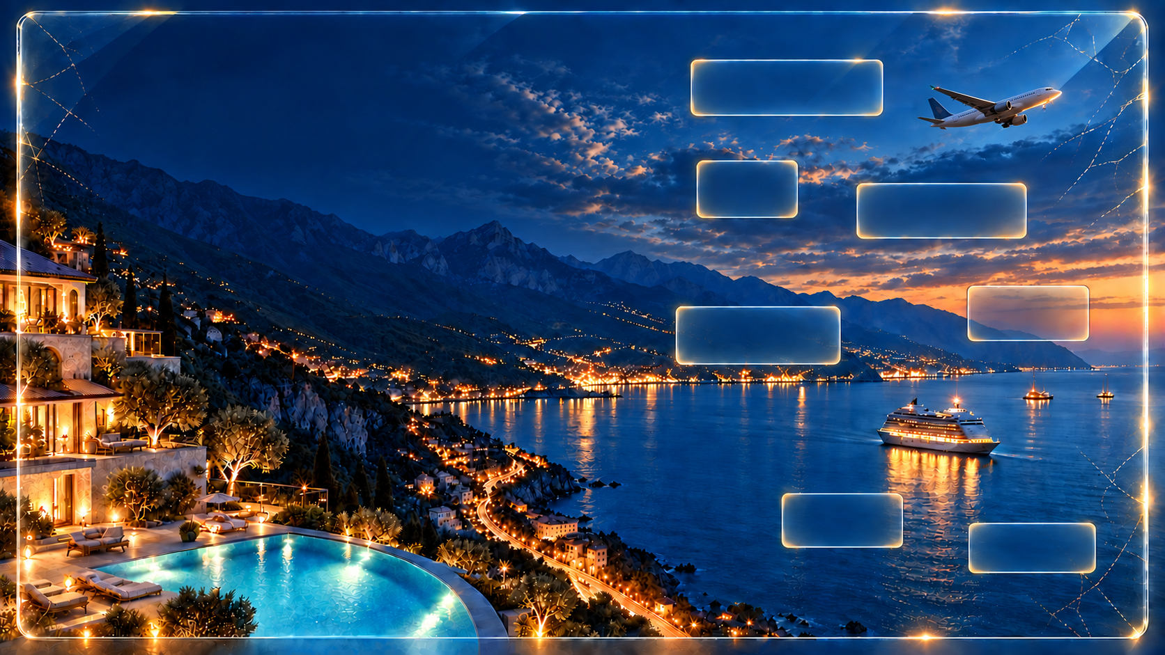 A silver jet and cruise ship crossing a luminous twilight coast beside seven empty glass information bubbles.