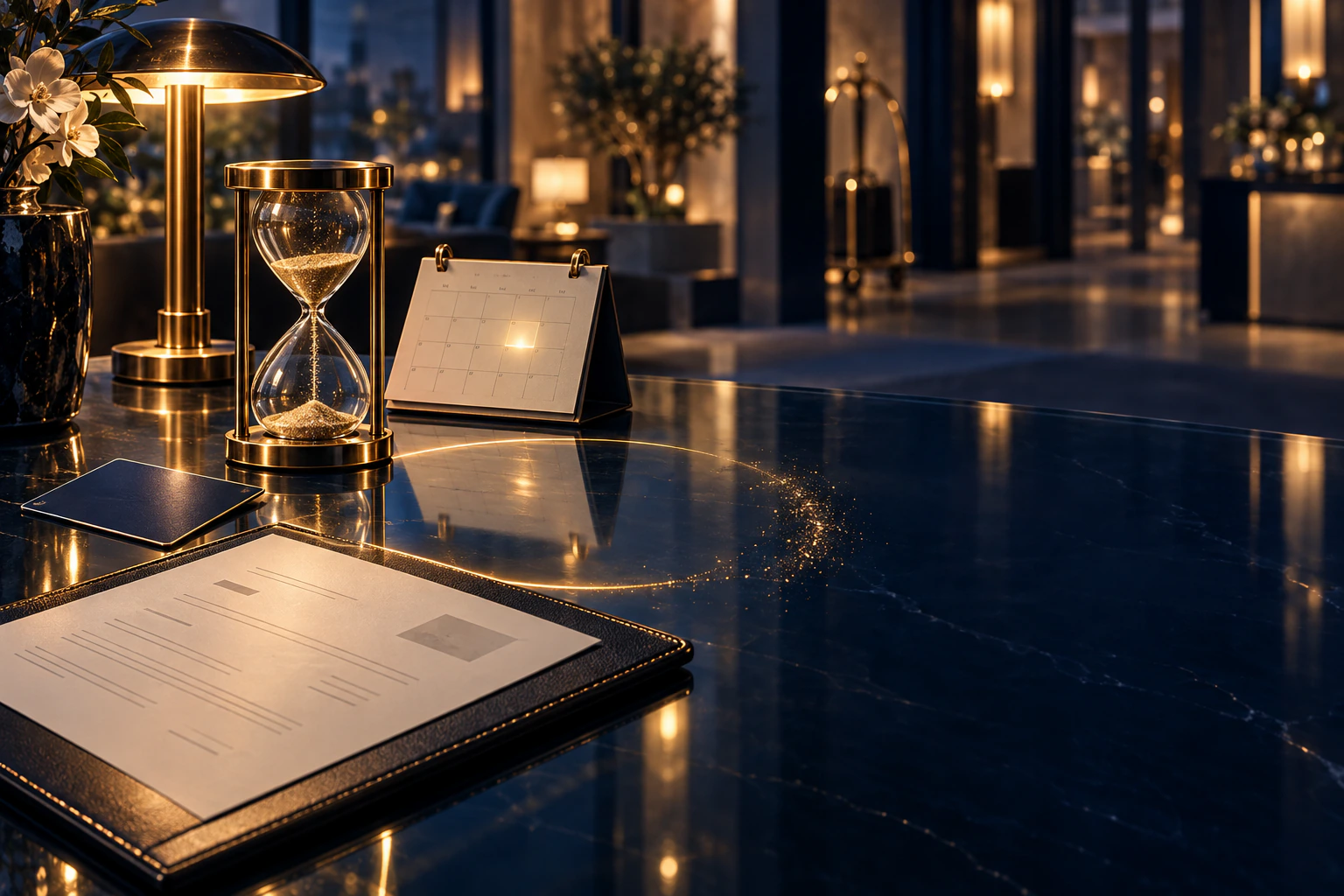 A brass hourglass and desk calendar beside a travel document on a dark hotel counter.