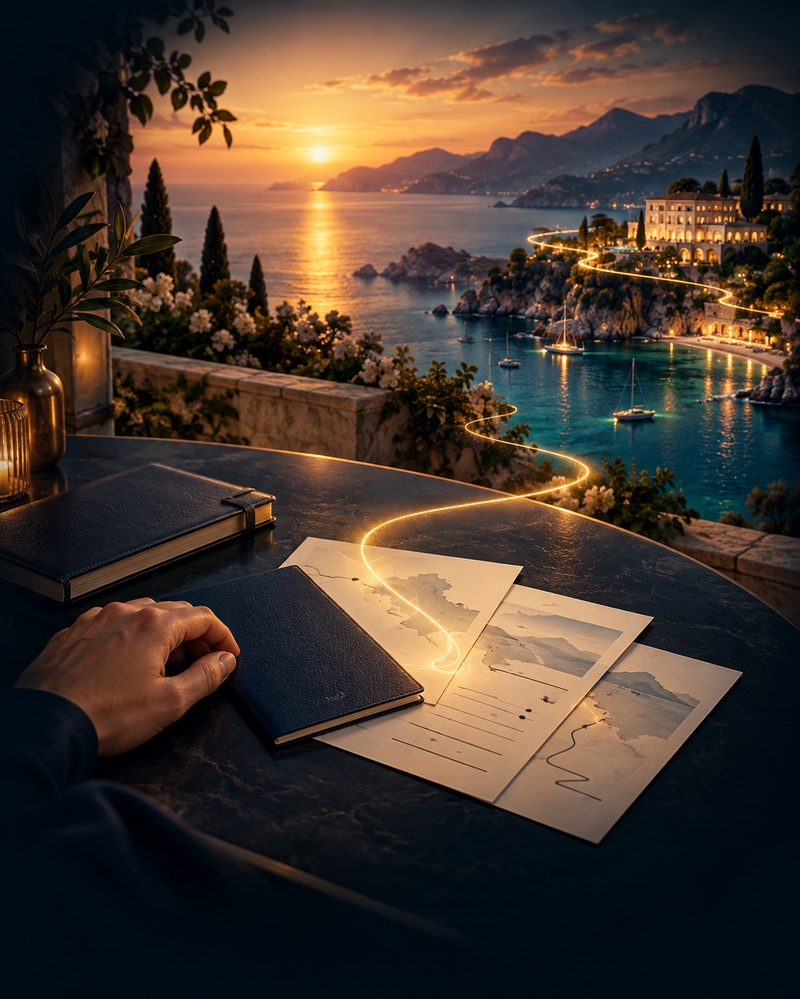 Conceptual illustration of travel documents and a traveller’s hand, with a golden path extending toward a coastal destination.