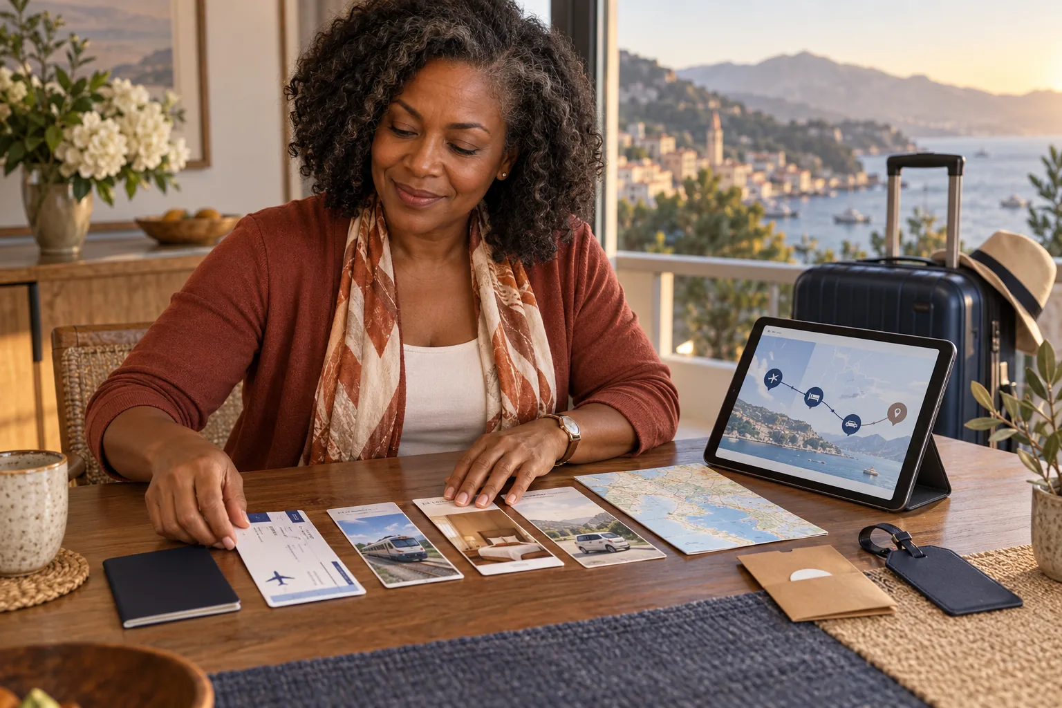 A traveler calmly arranges separate transportation, lodging, and ground-travel records beside a map and tablet while preparing for a coastal journey.