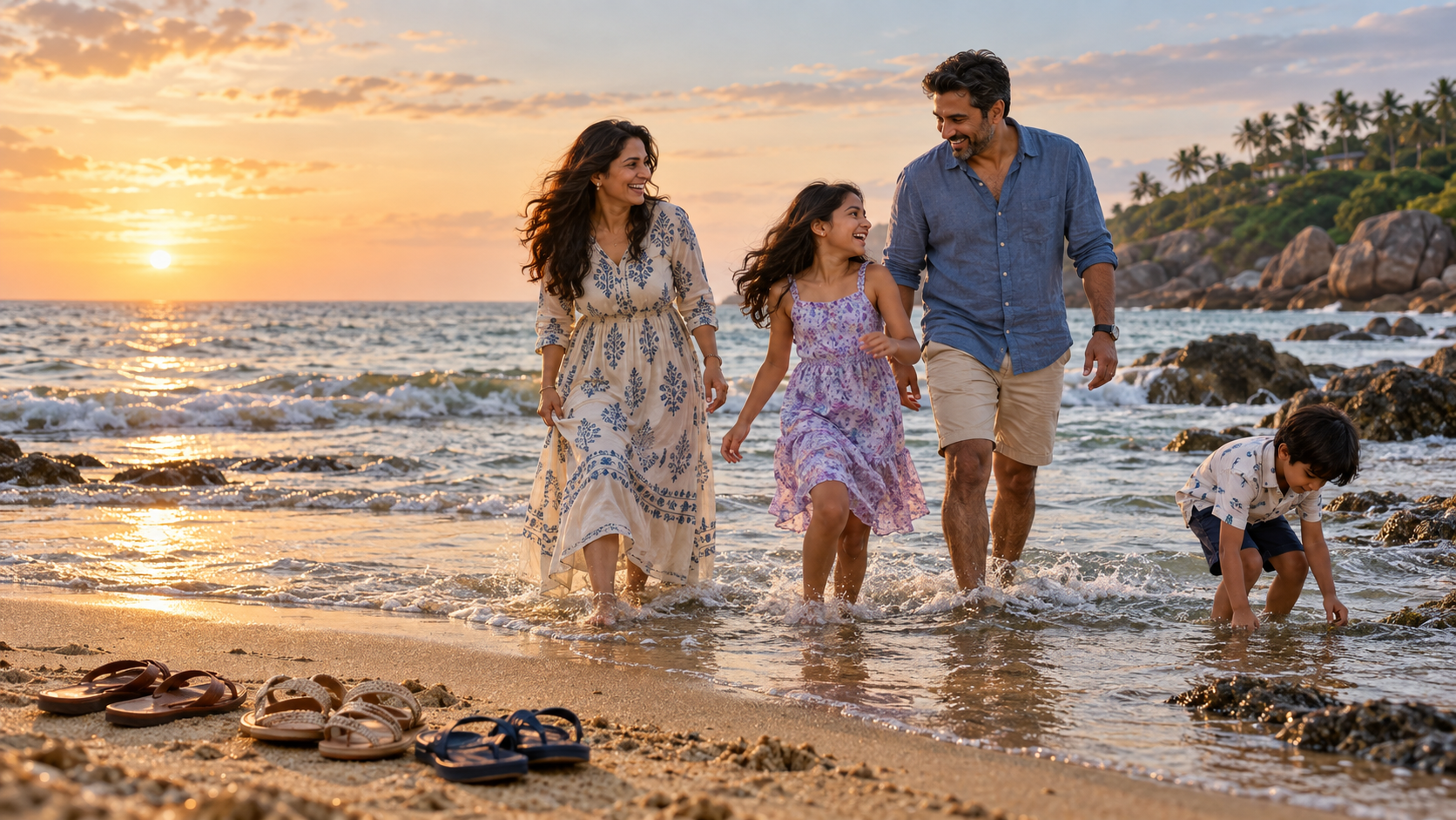 Parents and their two children enjoying shallow water at the beach.