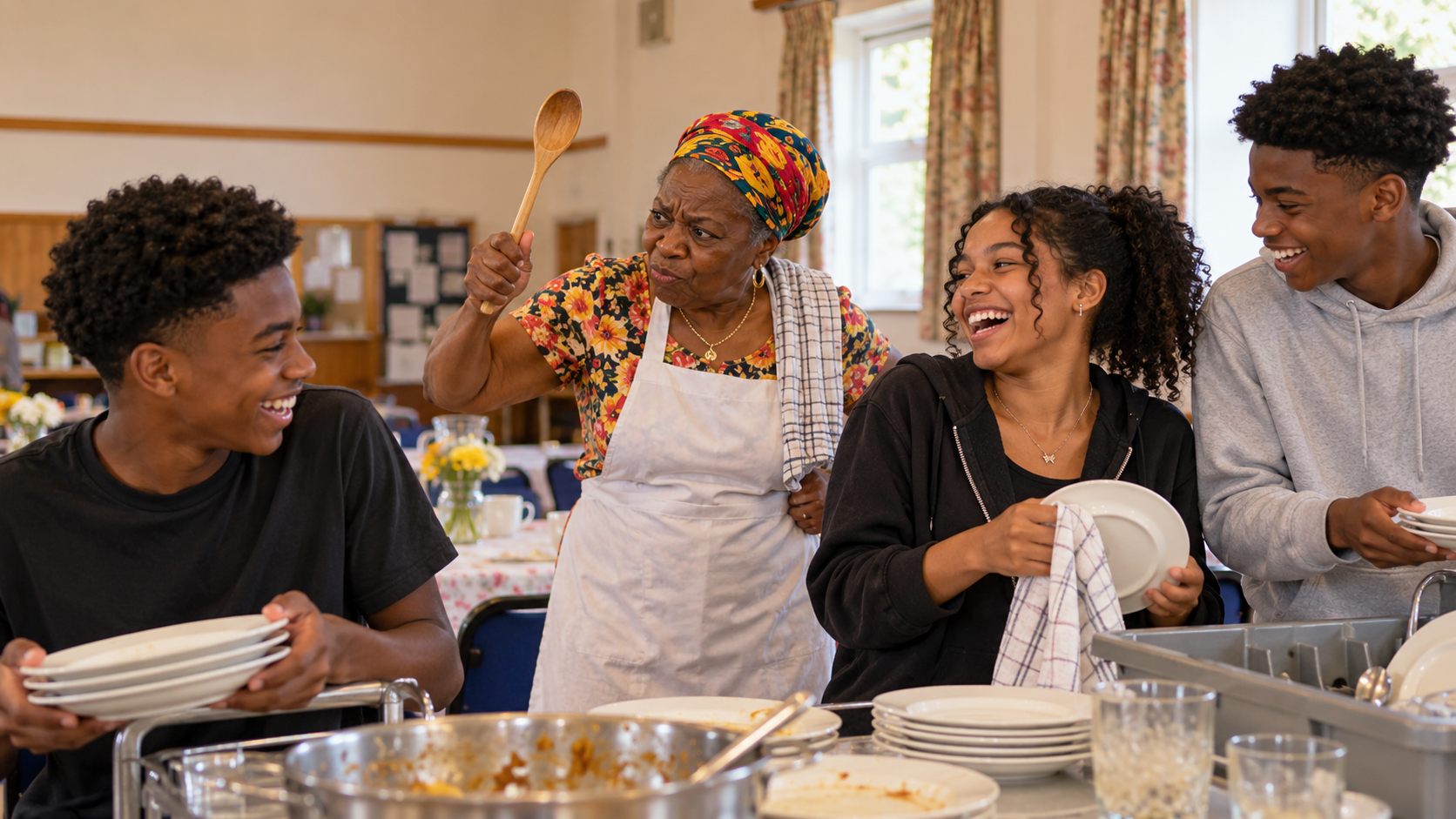 An older volunteer joking with teenagers as they clear up a community lunch.
