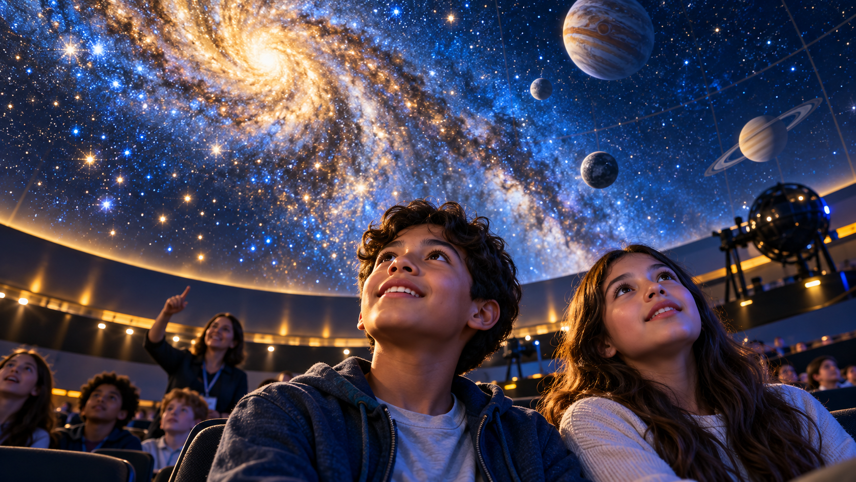 Two students looking up at a star projection during a school museum visit.