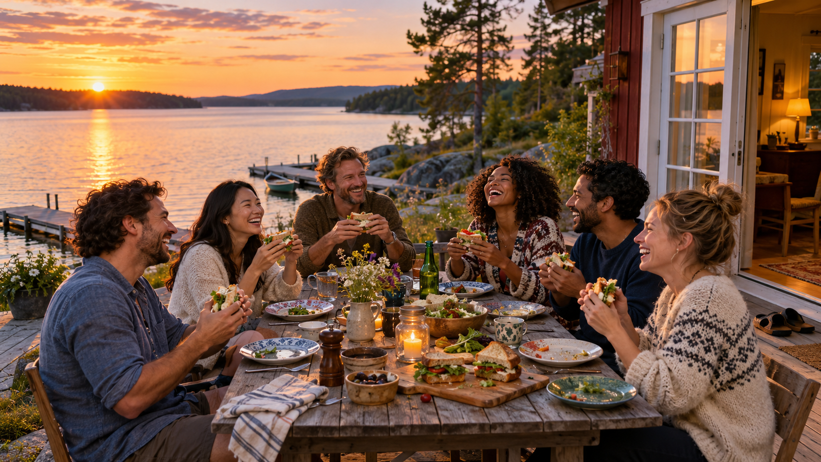 Six friends sharing an informal meal outside a lakeside holiday house.