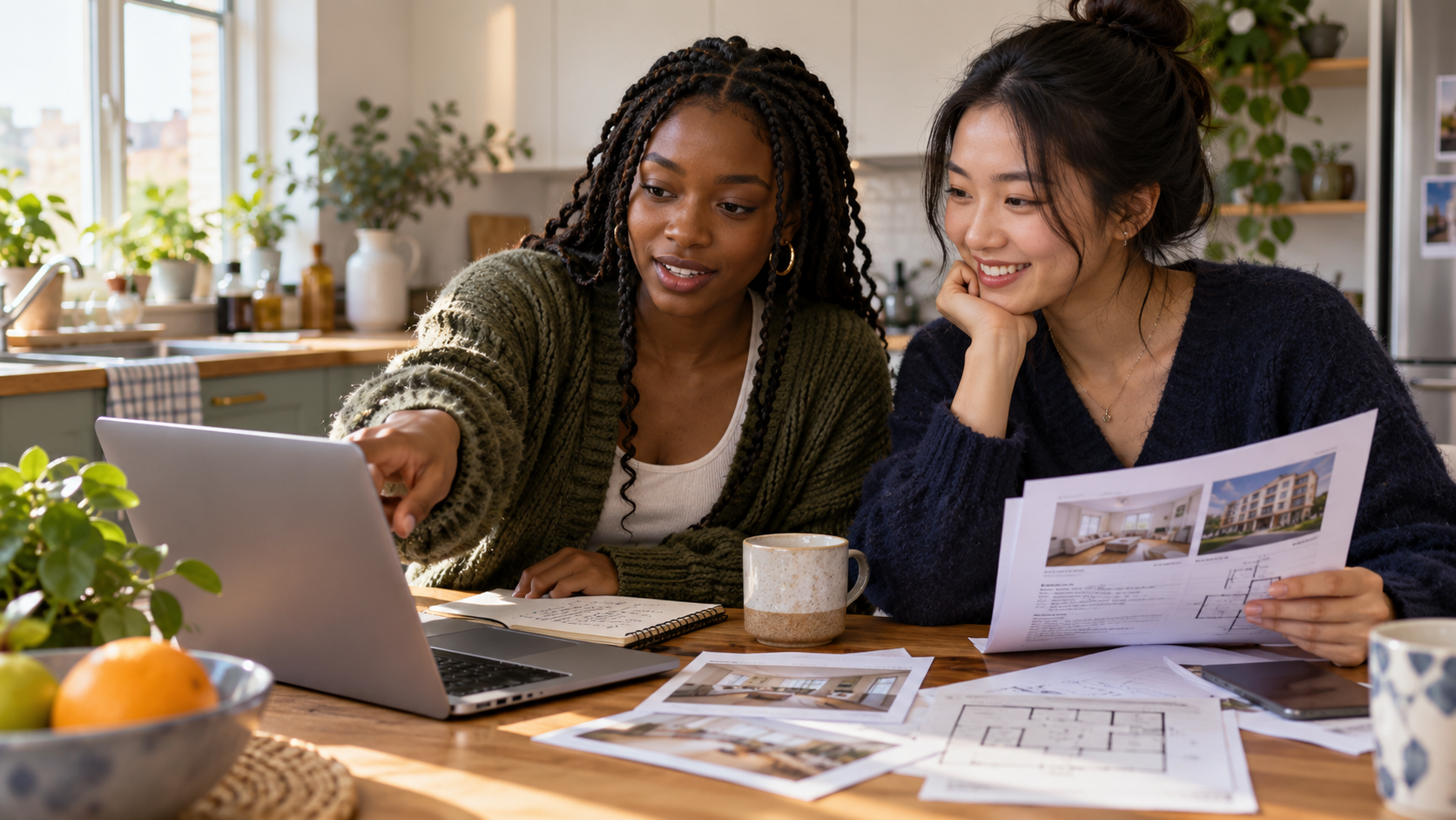 Two friends carefully comparing accommodation details before booking a trip.