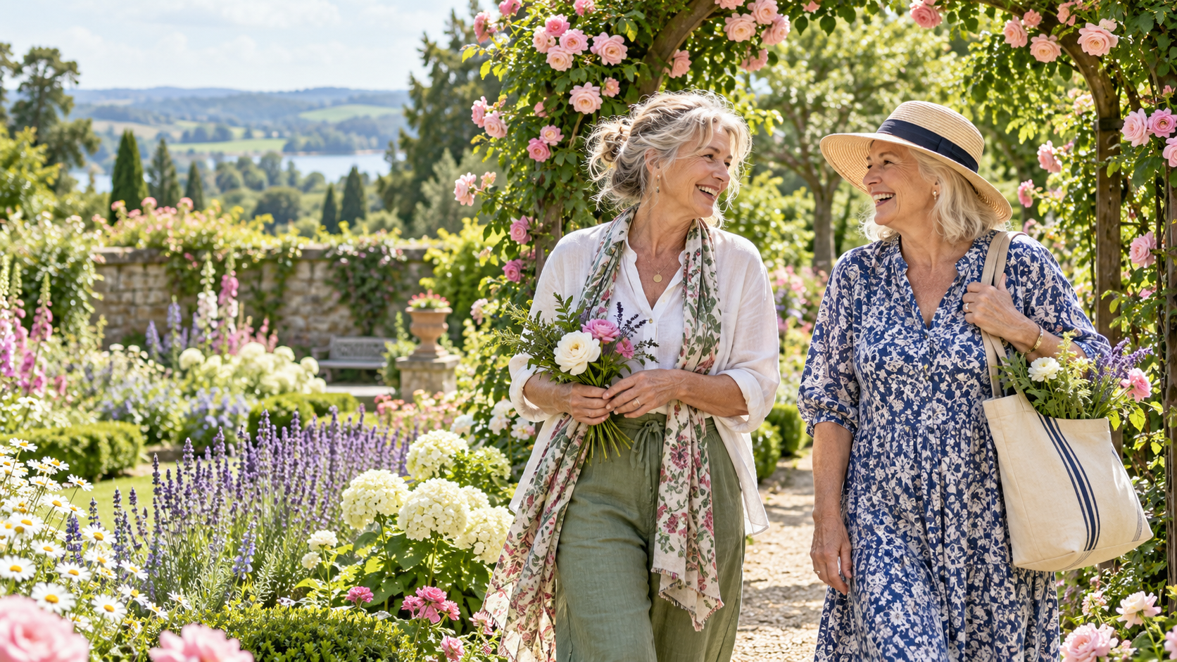Two community garden members enjoying a visit beneath a flowering arch.