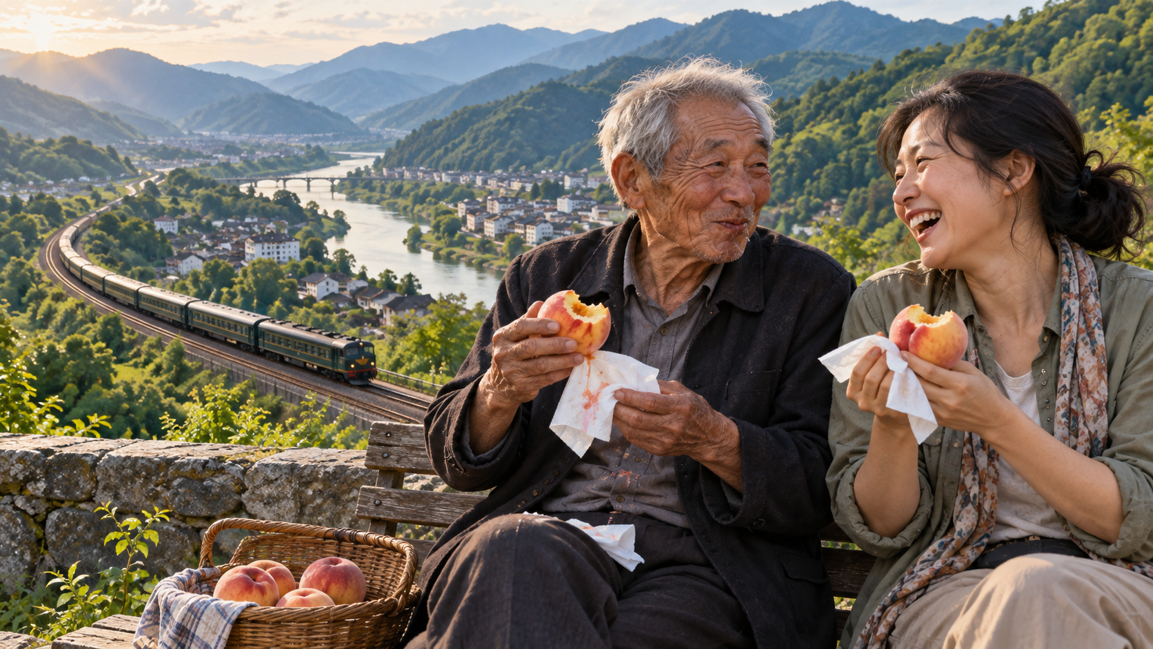 A daughter and her father sharing peaches during a journey together.