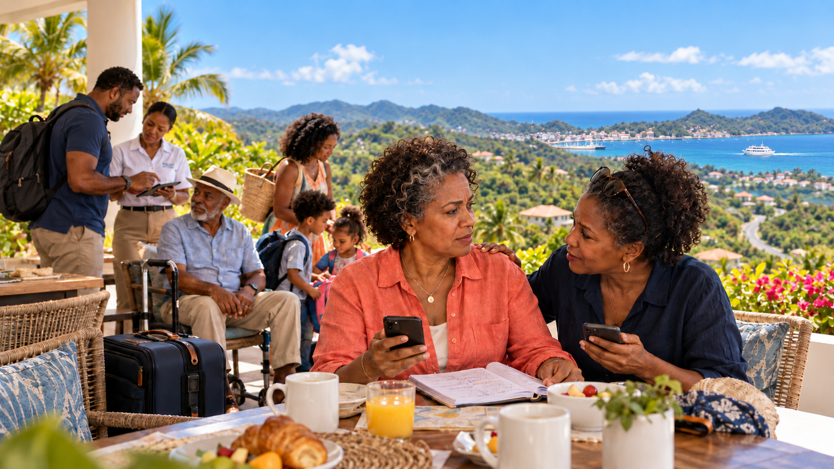 An imagined group leader receiving help while a family gathers above a turquoise harbor and a distant white boat.