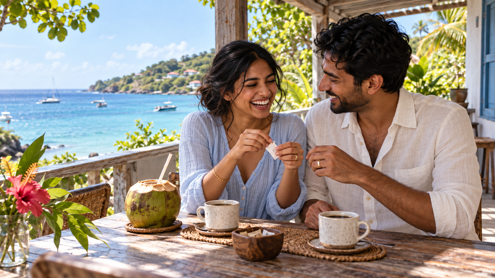 Newlyweds enjoying an unhurried breakfast on a terrace beside the sea.
