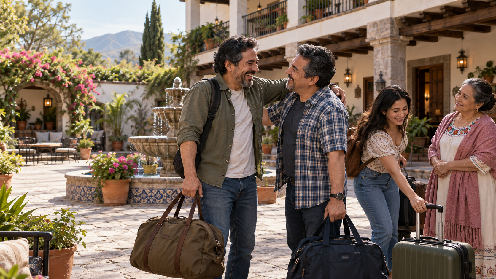 Two brothers greeting each other at a family reunion while a niece catches their suitcase.