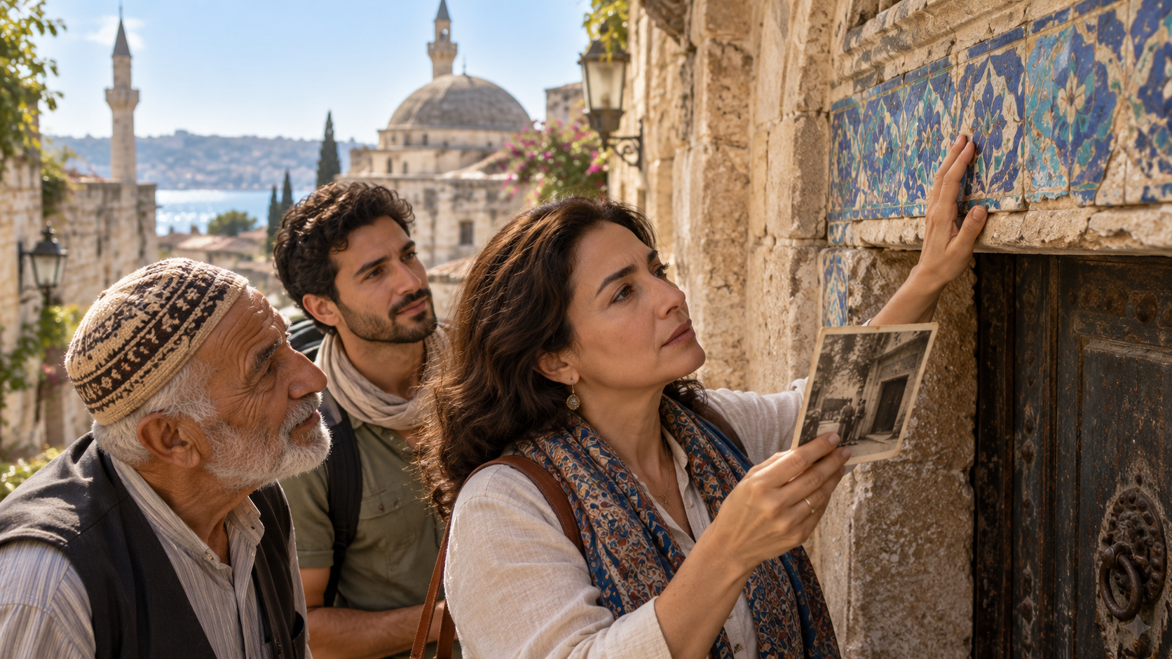 A traveler comparing a family photograph with details on an old-town doorway.