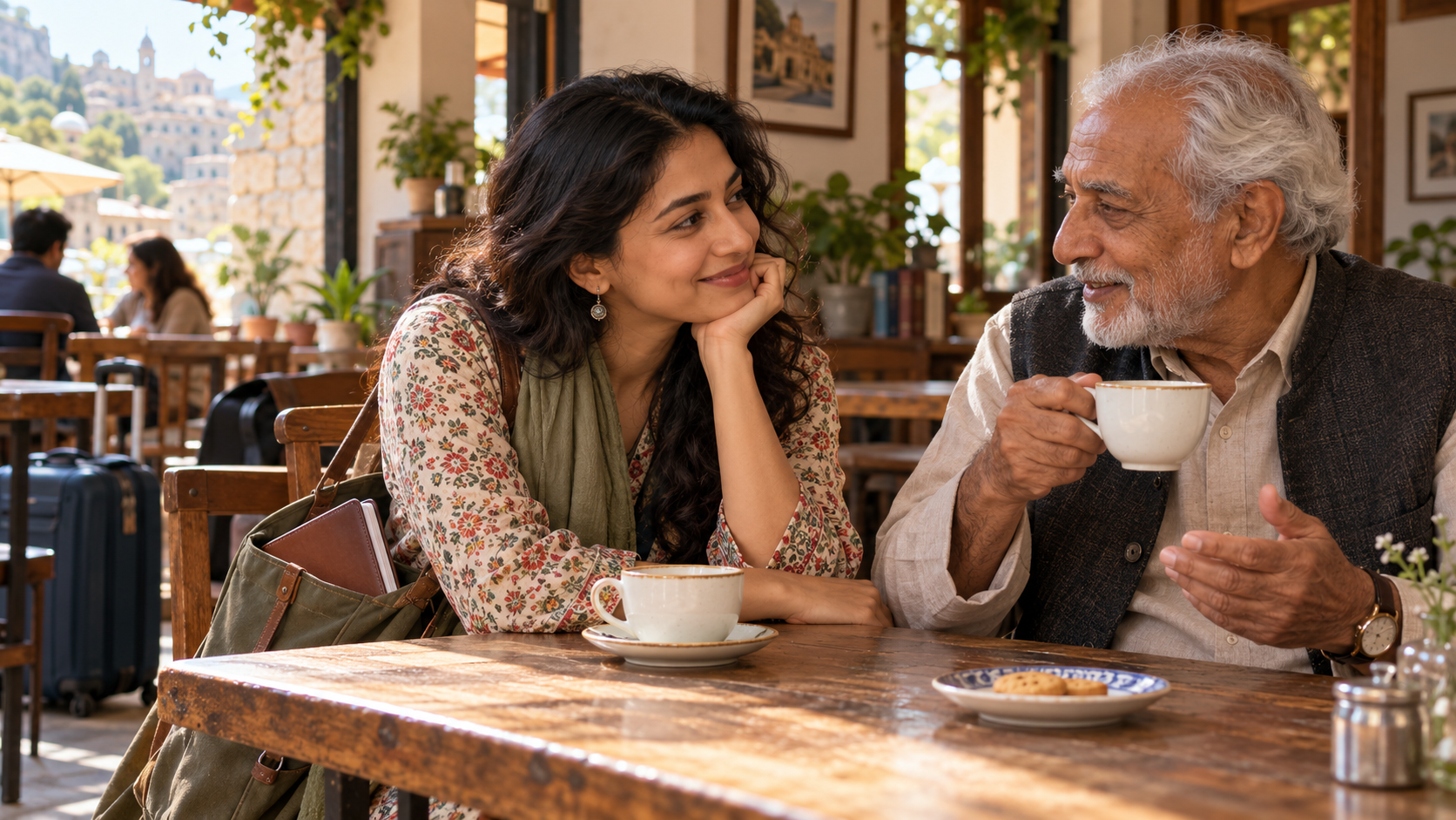 A daughter and her father sharing a quiet café moment during travel for an appointment.