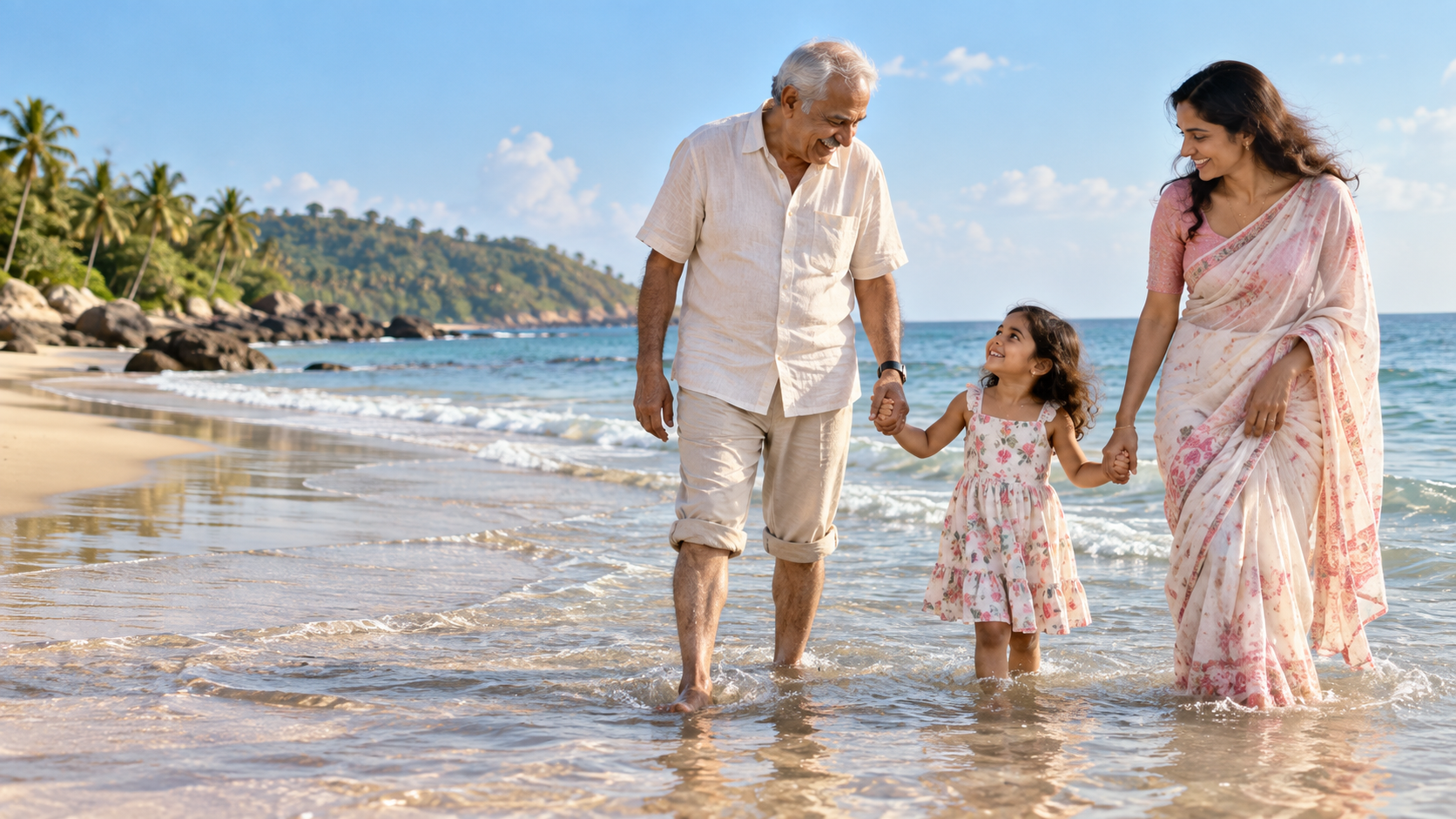 A grandfather and granddaughter enjoying the water together while her mother watches nearby.