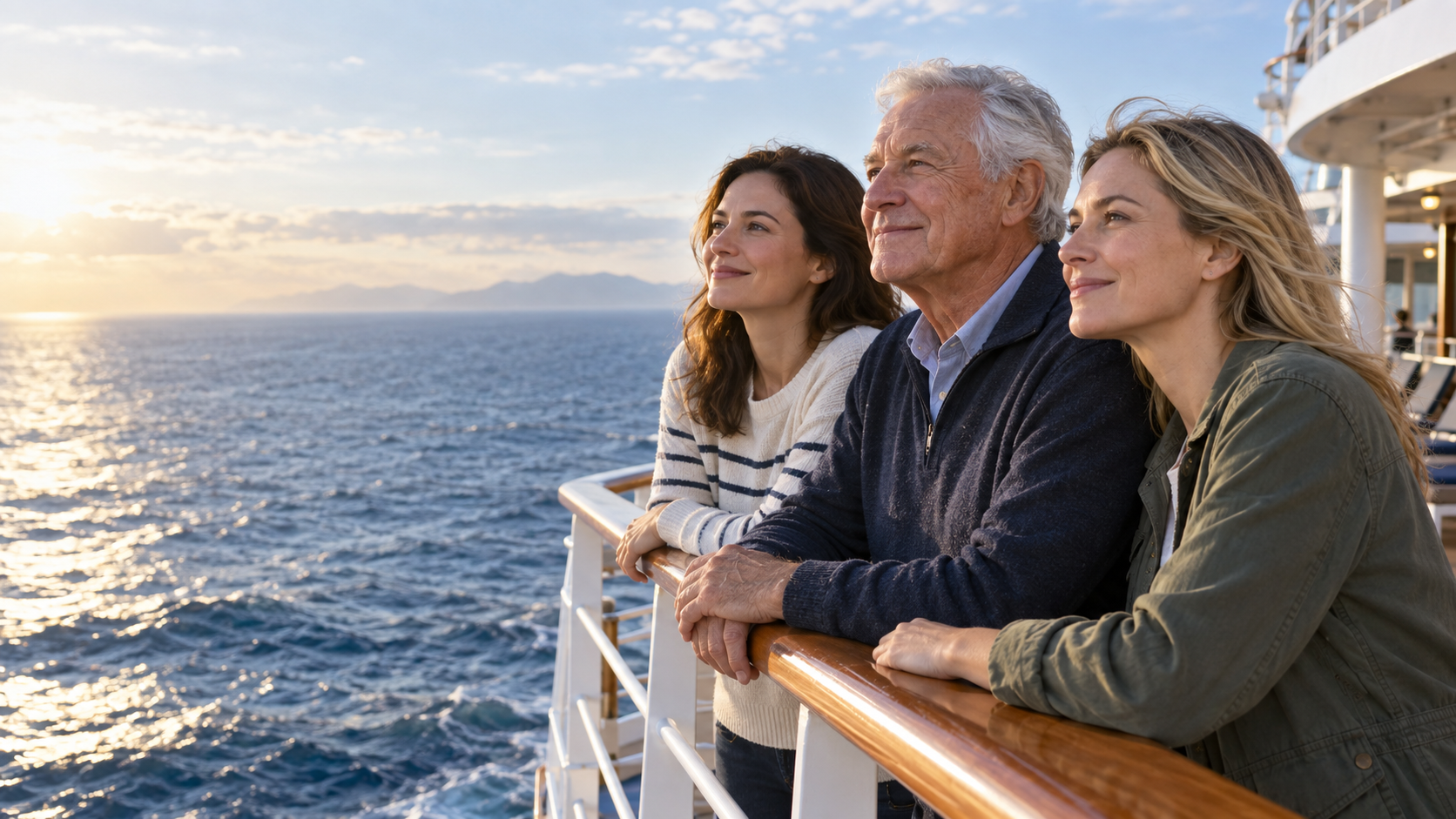 A father and his two daughters standing together at a ship's rail.