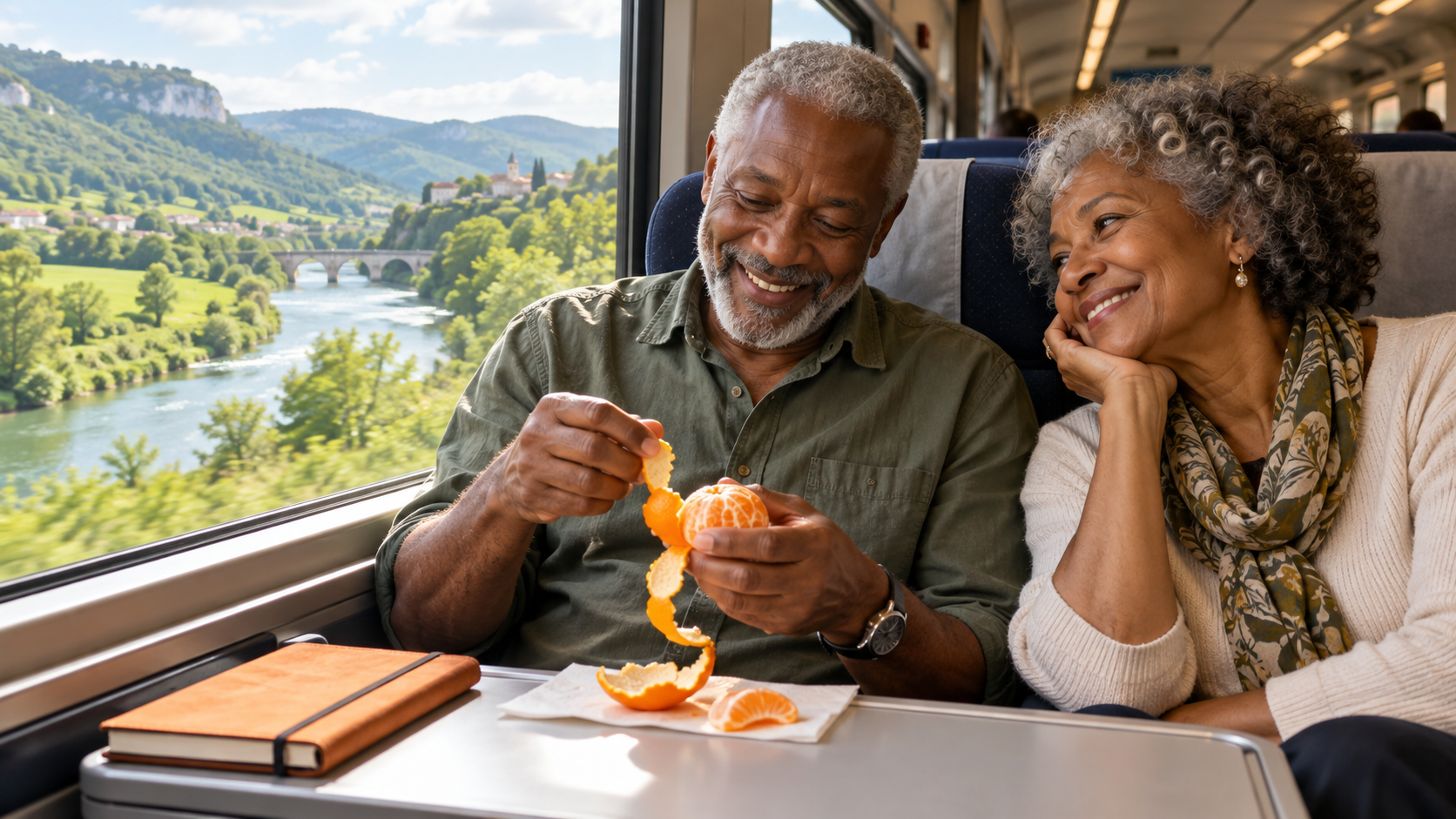 A retired couple enjoying the view during a rail journey.
