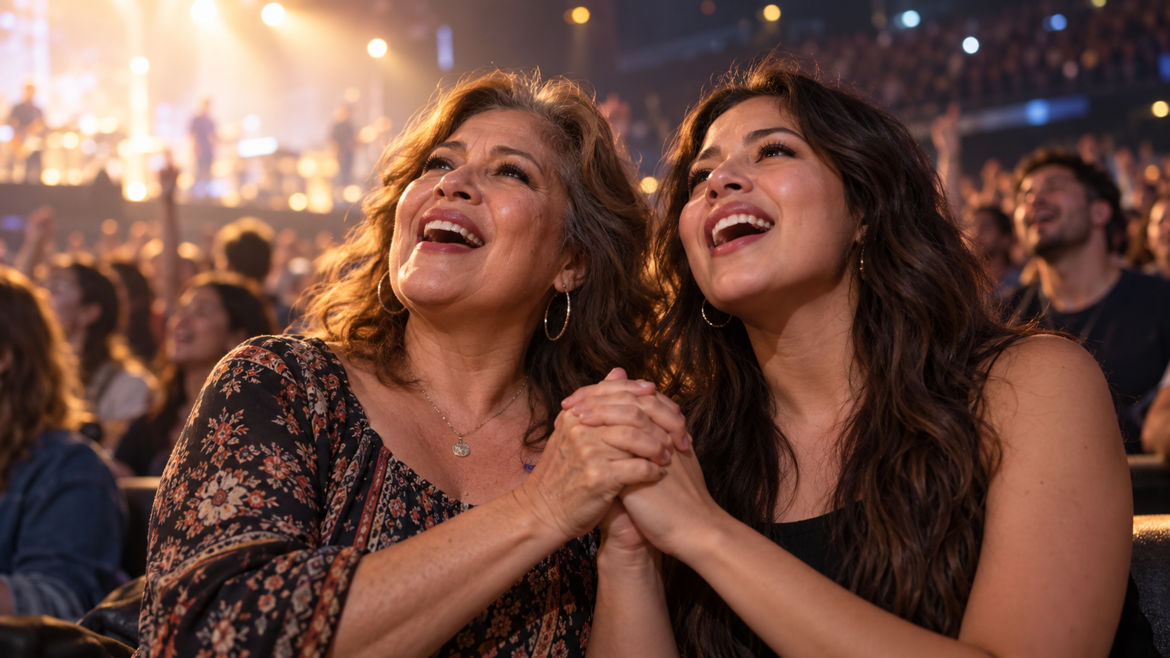 A mother and daughter singing together at a concert.