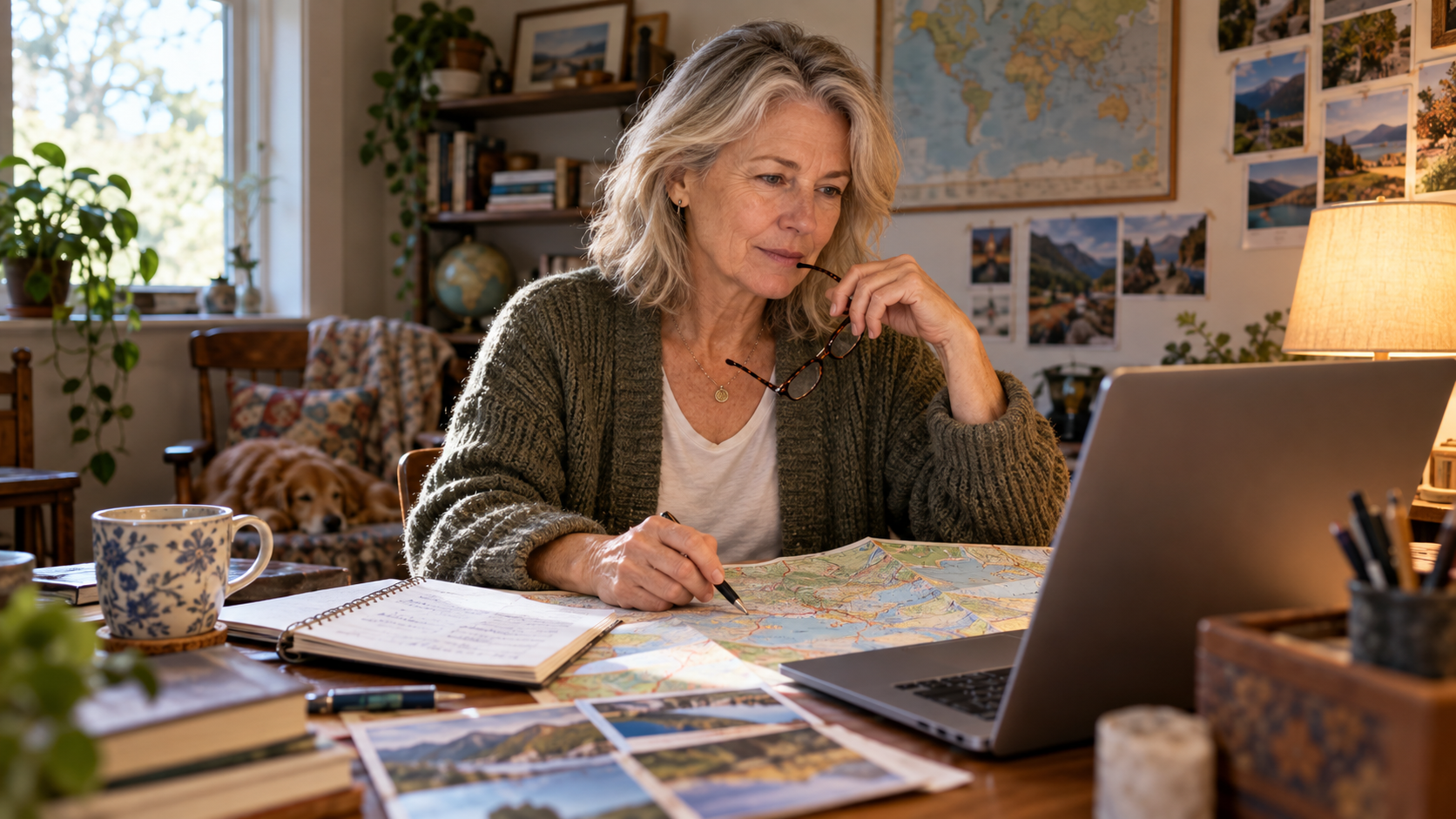 A woman studying and practicing travel planning at her desk.