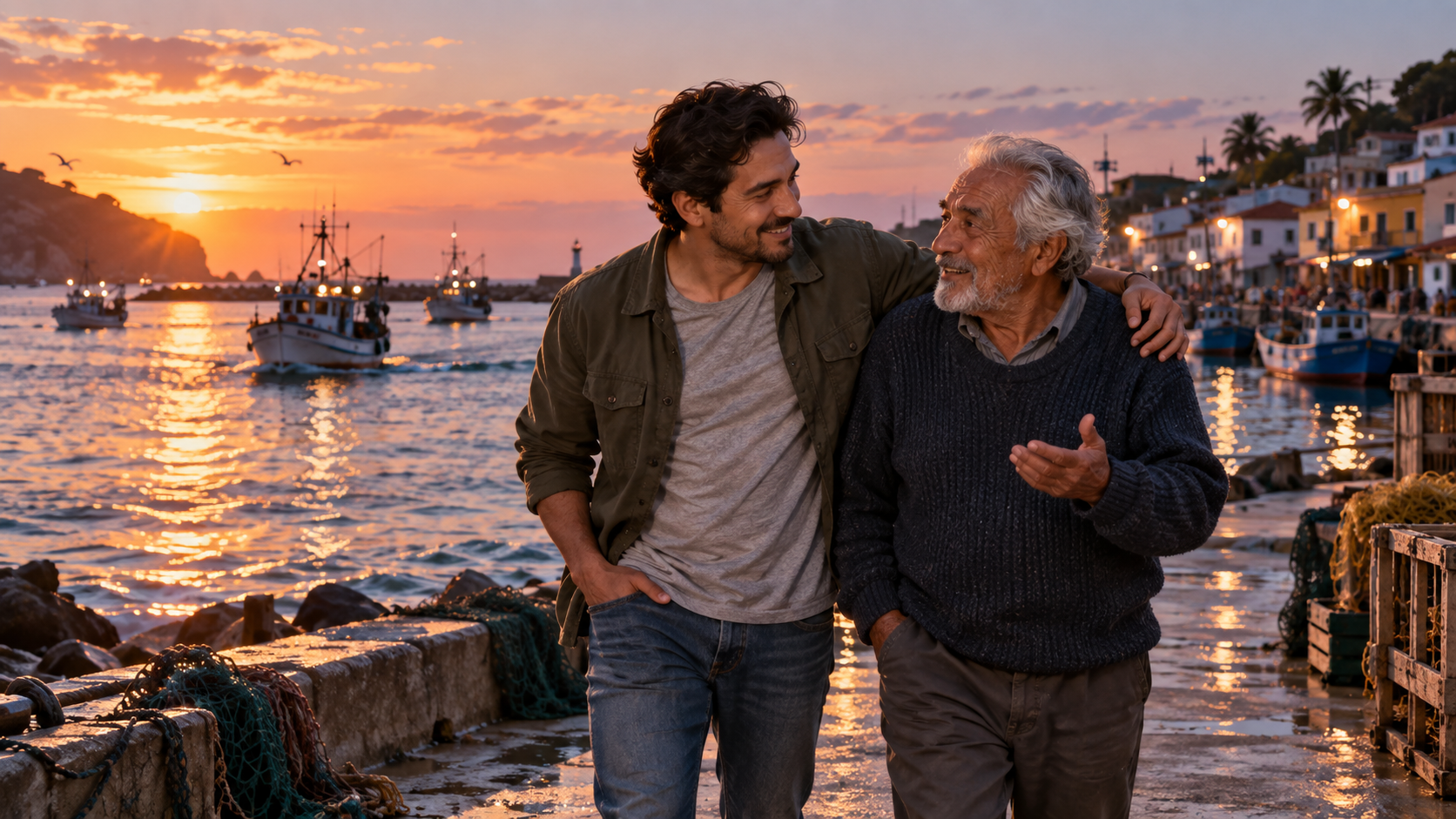 A son and his father walking together along a fishing-town waterfront.