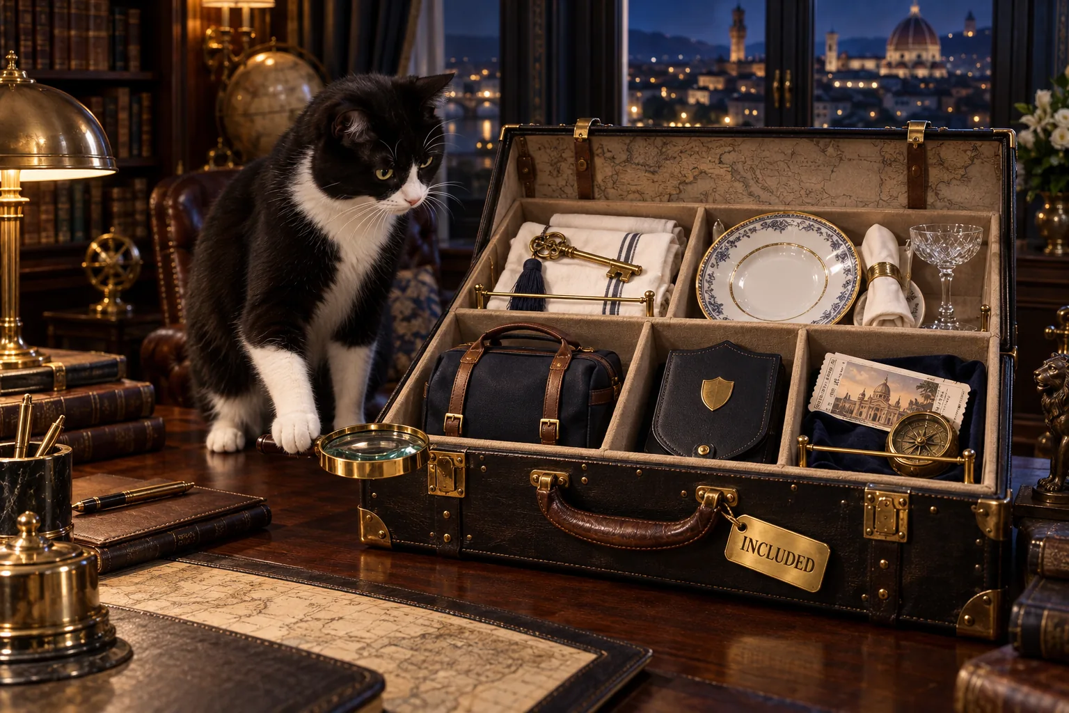 Dame Kitty Holmes inspects an open travel trunk marked Included, with separate compartments holding a room key and linen, dining setting, travel bag, protection folio, and experience ticket.