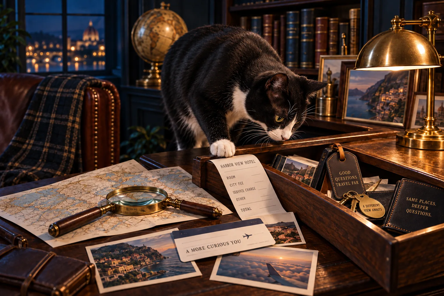 An inquisitive black-and-white cat investigates an open desk drawer surrounded by travel records, a map, curious luggage tags, keys, and a magnifying glass in a warmly lit study.