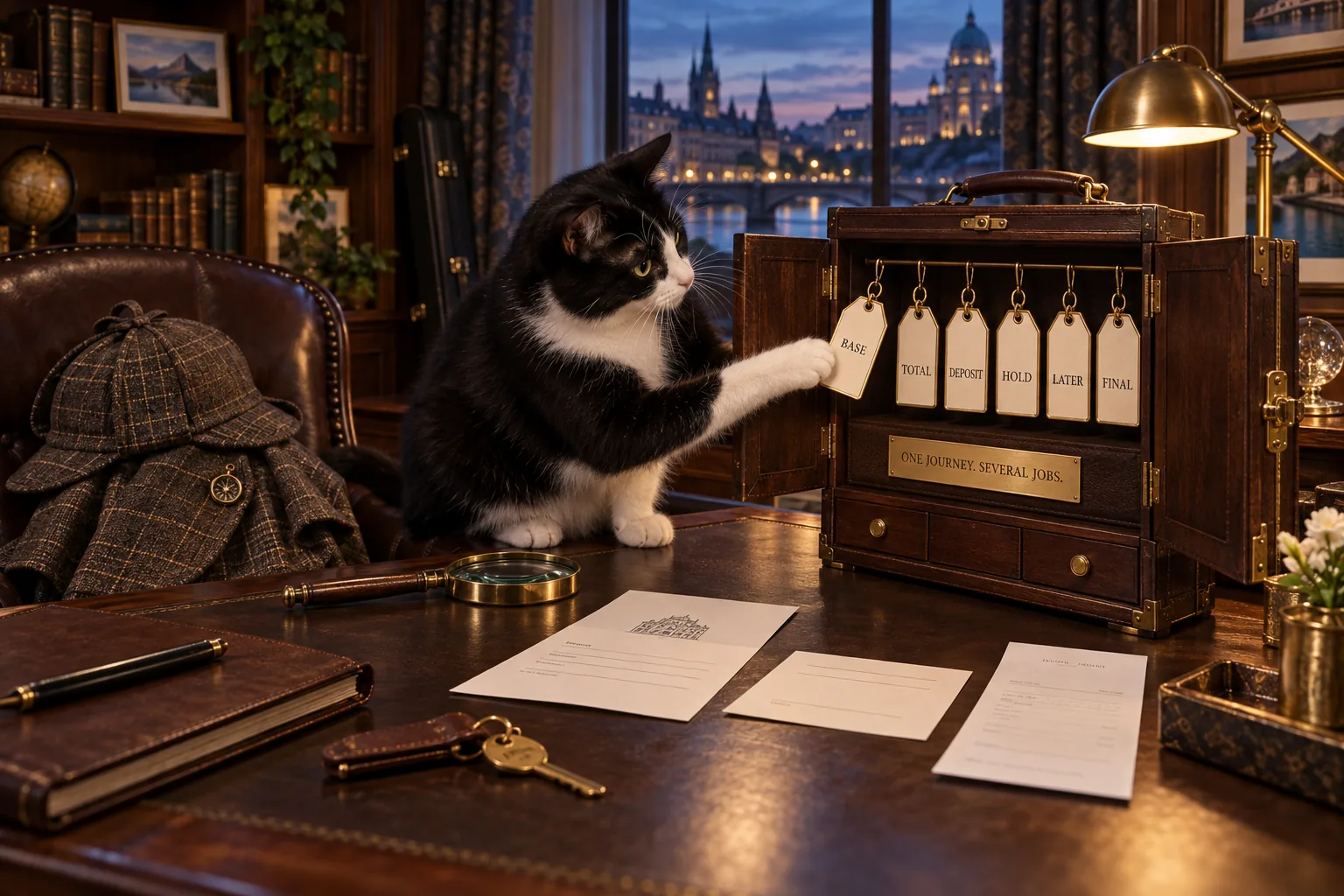 An inquisitive black-and-white cat examines an open wooden price wardrobe containing tags labeled Total, Deposit, Hold, Later, and Final while holding the Base tag beside a deerstalker hat, checked cape, and magnifying glass.