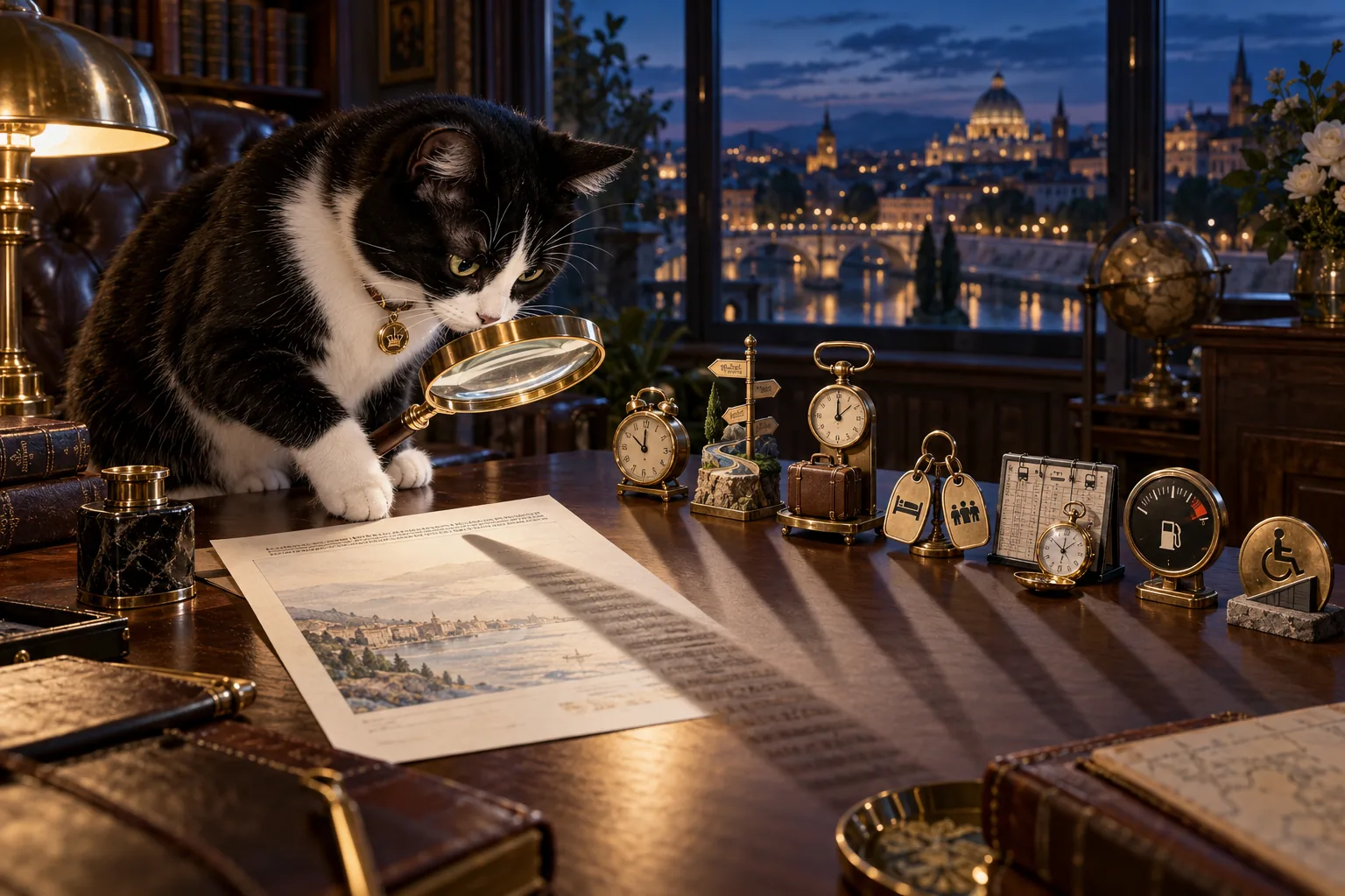 Dame Kitty Holmes examines a travel document with a brass magnifying glass beside seven condition clues for cancellation, rental return, baggage, room arrangement, connection timing, fuel, and accessibility.